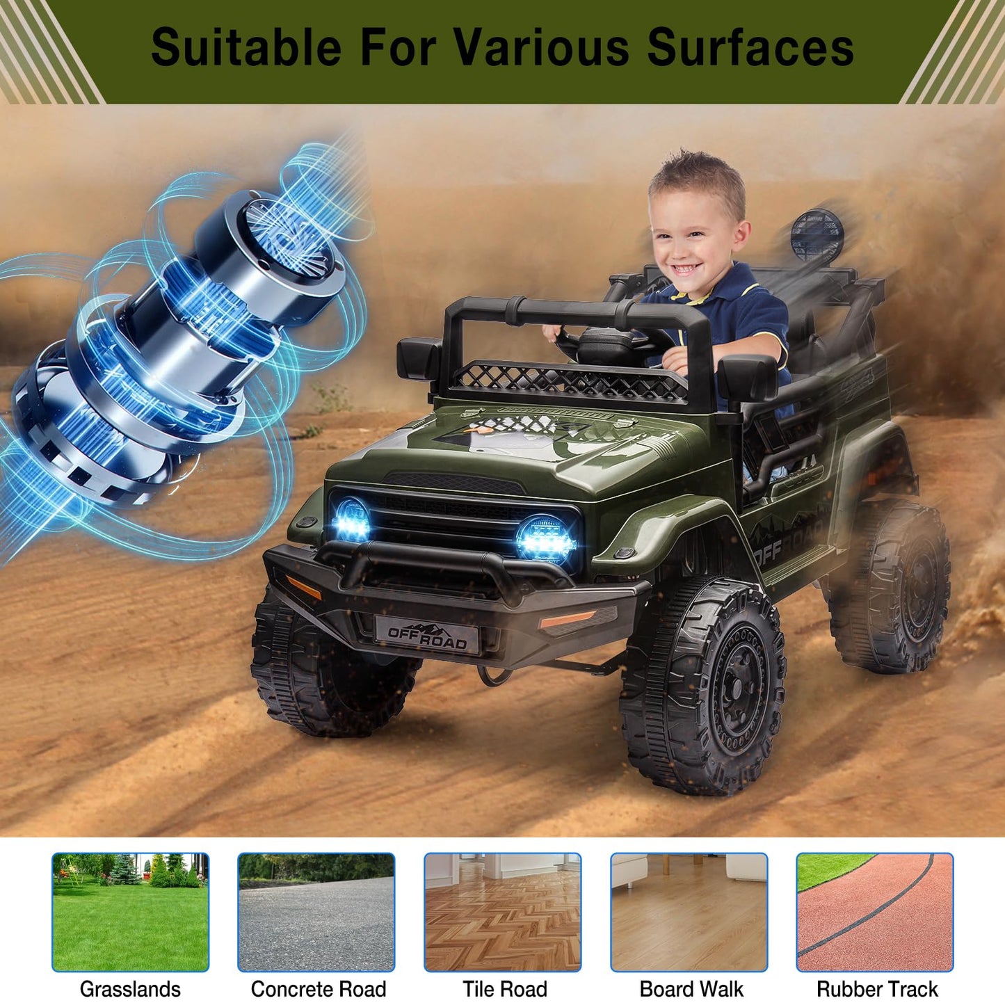 Garvee Ride - P Series: 12V Power Wheel Electric Car for Kids, Ride on Toys with Led Lights Bluetooth, 3 Speeds, Spring Suspension - Dark Green