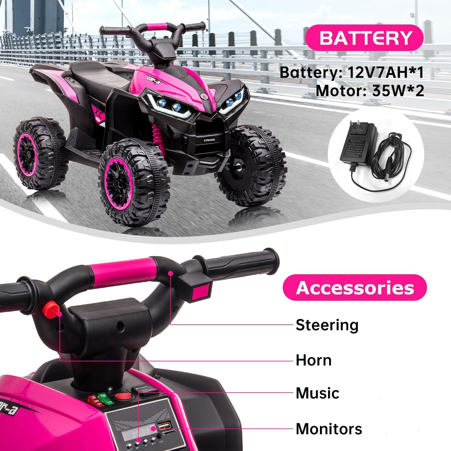 Garvee Ride - P Series: 12V Kids Quad ATV 4 Wheeler with Music, LED Lights for Boys & Girls - Pink
