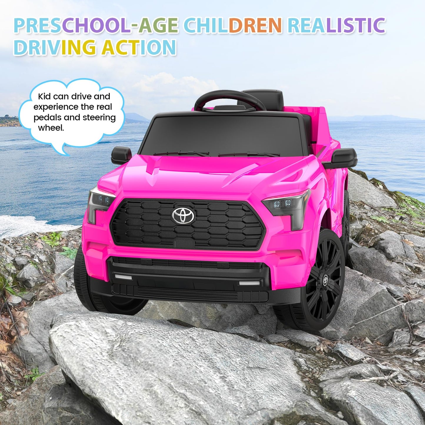 Garvee Ride on Truck Car, 12V Licensed Toyota Electric Cars for Kids, Ride on Toys with Remote Control, Spring Suspension, LED Lights, Bluetooth, 3 Speeds - Rose