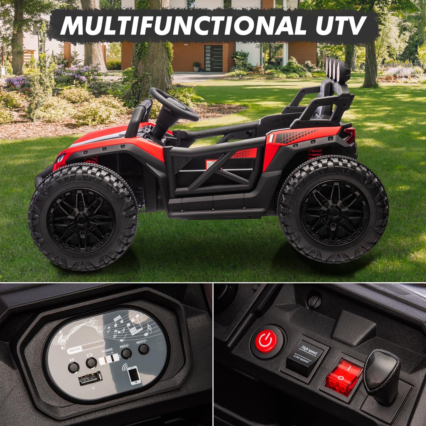 Garvee Ride - P Series: 24V Electric UTV,Ride On Toys for Big Kids,2x130W Powerful Electric Car with Remote Control， 4 Shock Absorbers，LED Lights,Music for Boys and Girls,Red