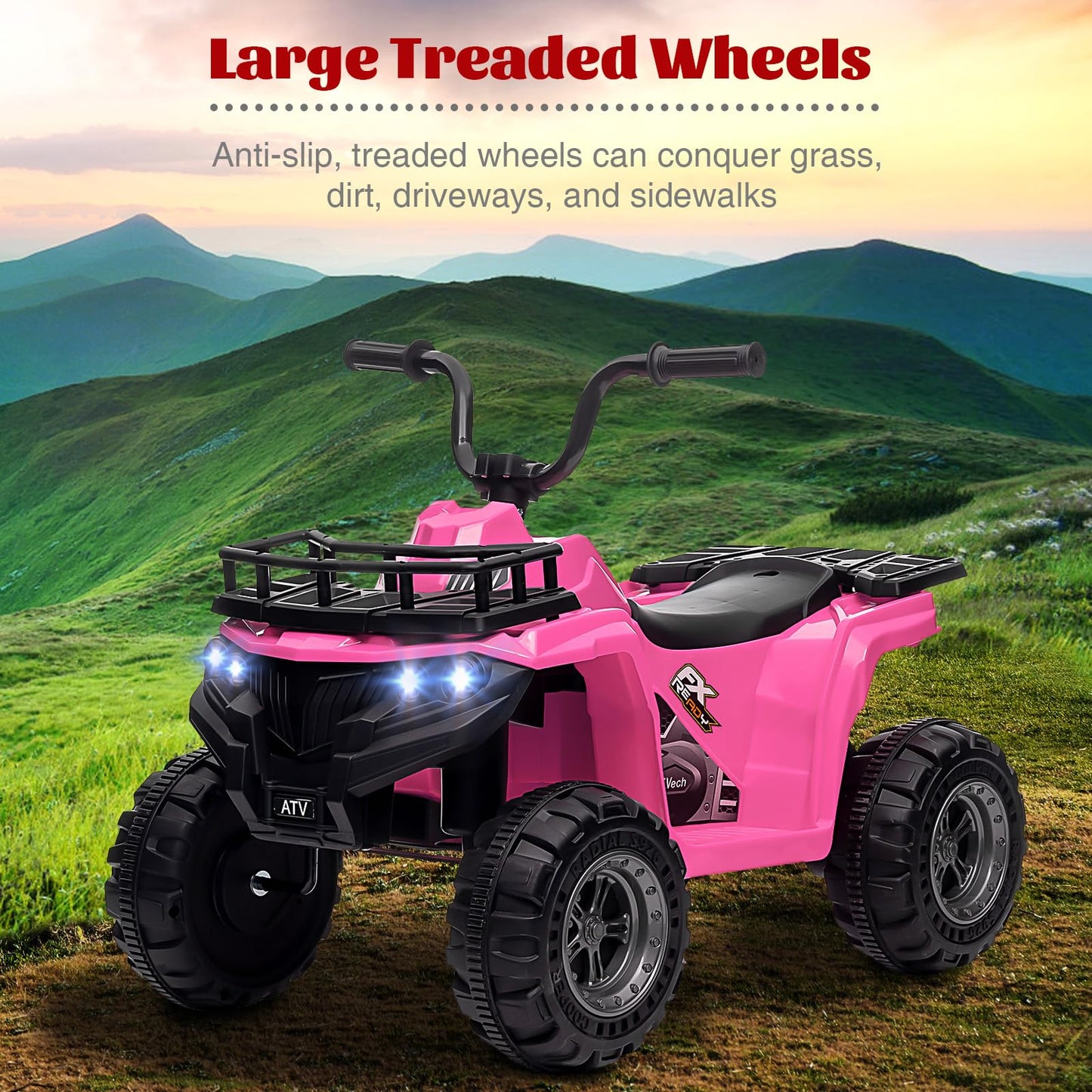 Garvee Ride - P Series: 12V Kids Ride On Electric ATV, Ride Car Toy with Bluetooth Audio,High/Low Speed, LED Headlights, Battery Indicator & Radio Orange - Pink