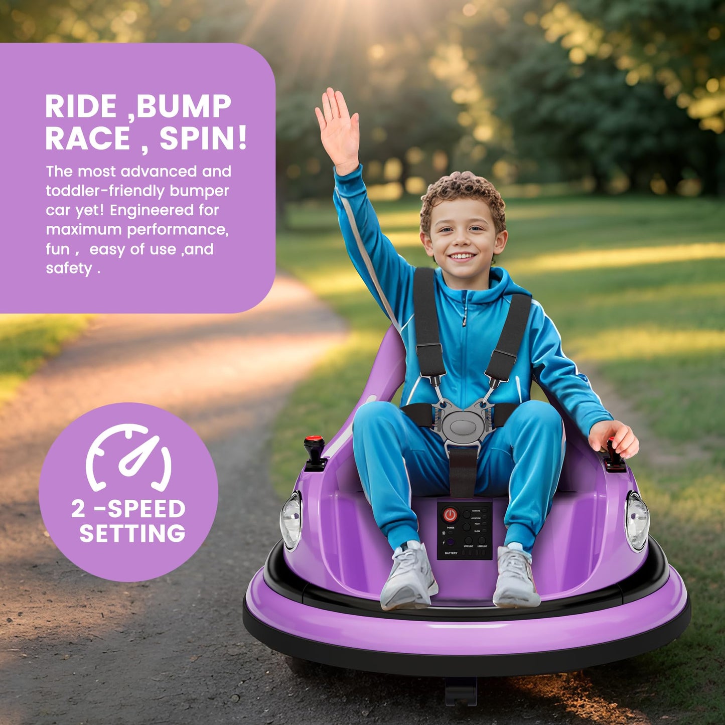 Garvee Ride - P Series: 12V Ride on Toddler Bumping Car W/Remote Control, LED Lights & 360 Degree Spin, ASTM Certified - Purple