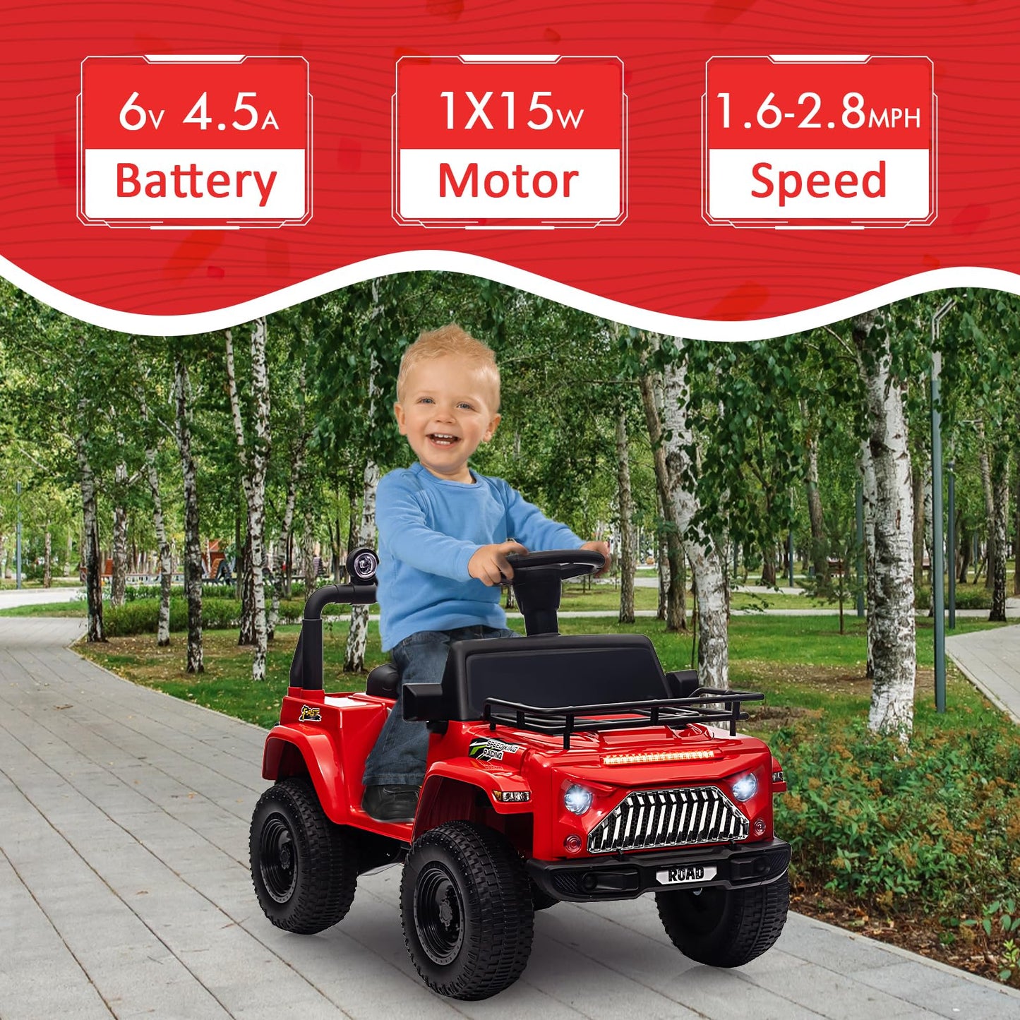 Garvee Ride - P Series: 6V Ride On Car for Toddlers - Battery Powered Electric Car with Music, LED Light, FM, Horn, Rear Storage, 4 Wheels - Red