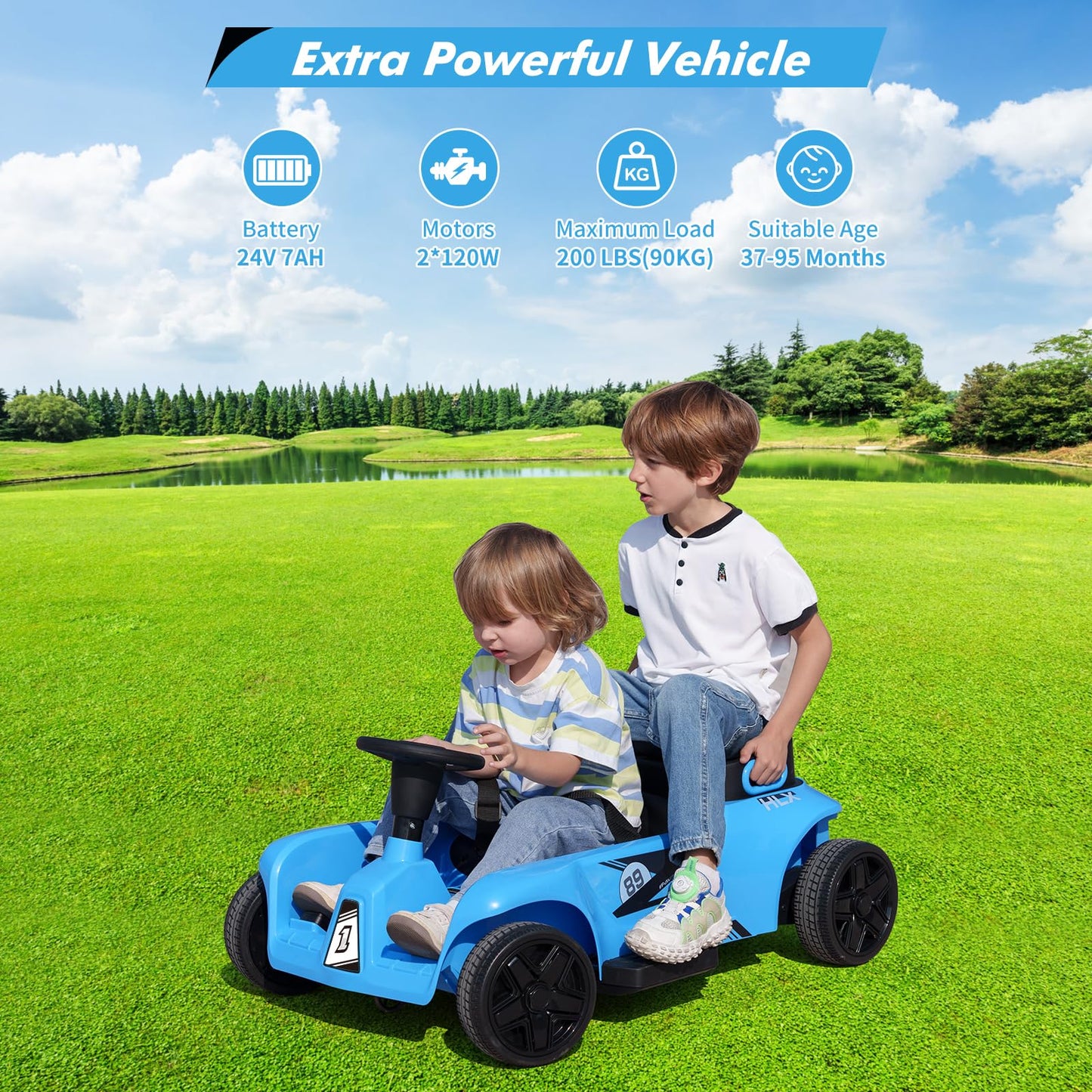 Garvee Ride - P Series: 2 Seaters 4-Wheelers Electric Ride On Toy for Kids, 24V 120W*2 Powerful Motors Max Load 200 Lbs, Two Driver Modes + Remote Control Modes for Toddlers Child with Music, USB, Storage Box, Blue