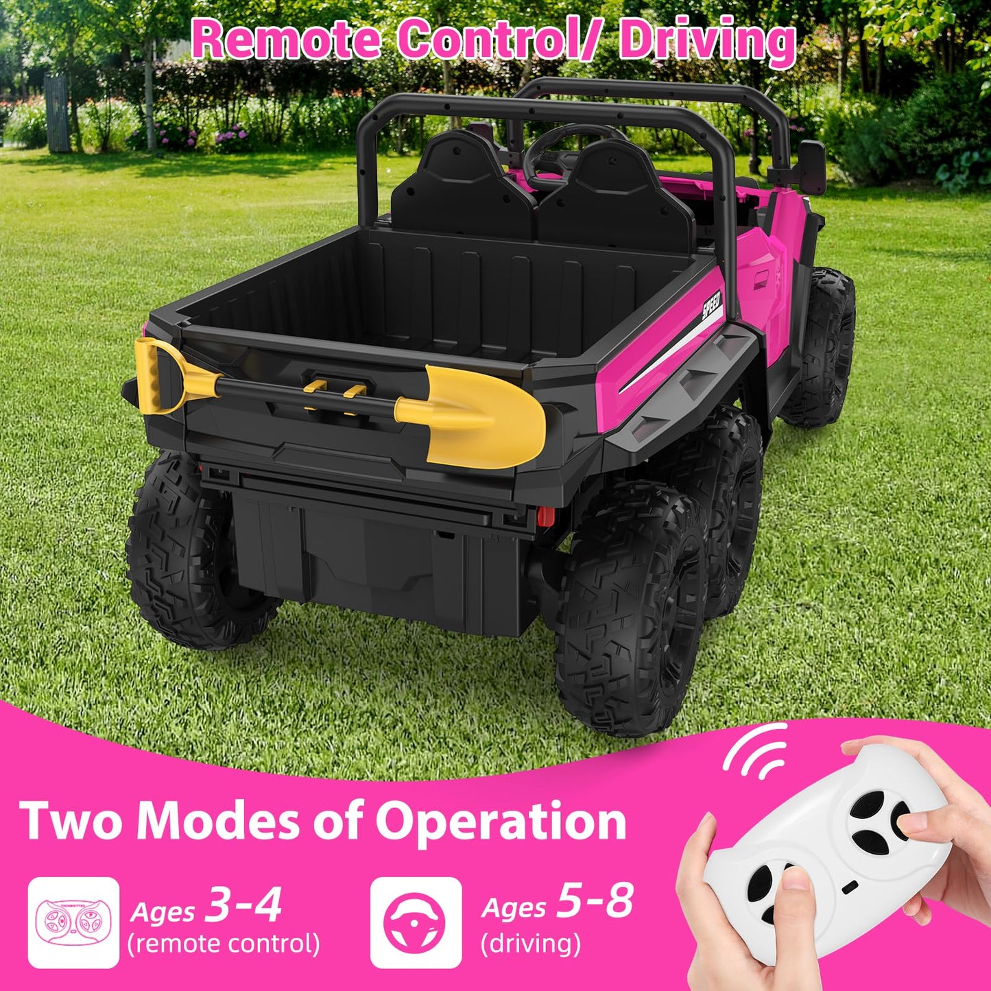 Garvee Ride - P Series: 24V 4WD Electric Ride On Dump Truck with Remote Control, 2-Seater, Music Player, LED Lights, Key Start Safety System, Durable Plastic, Off-Road Kids Toy for Ages 3+ - Pink