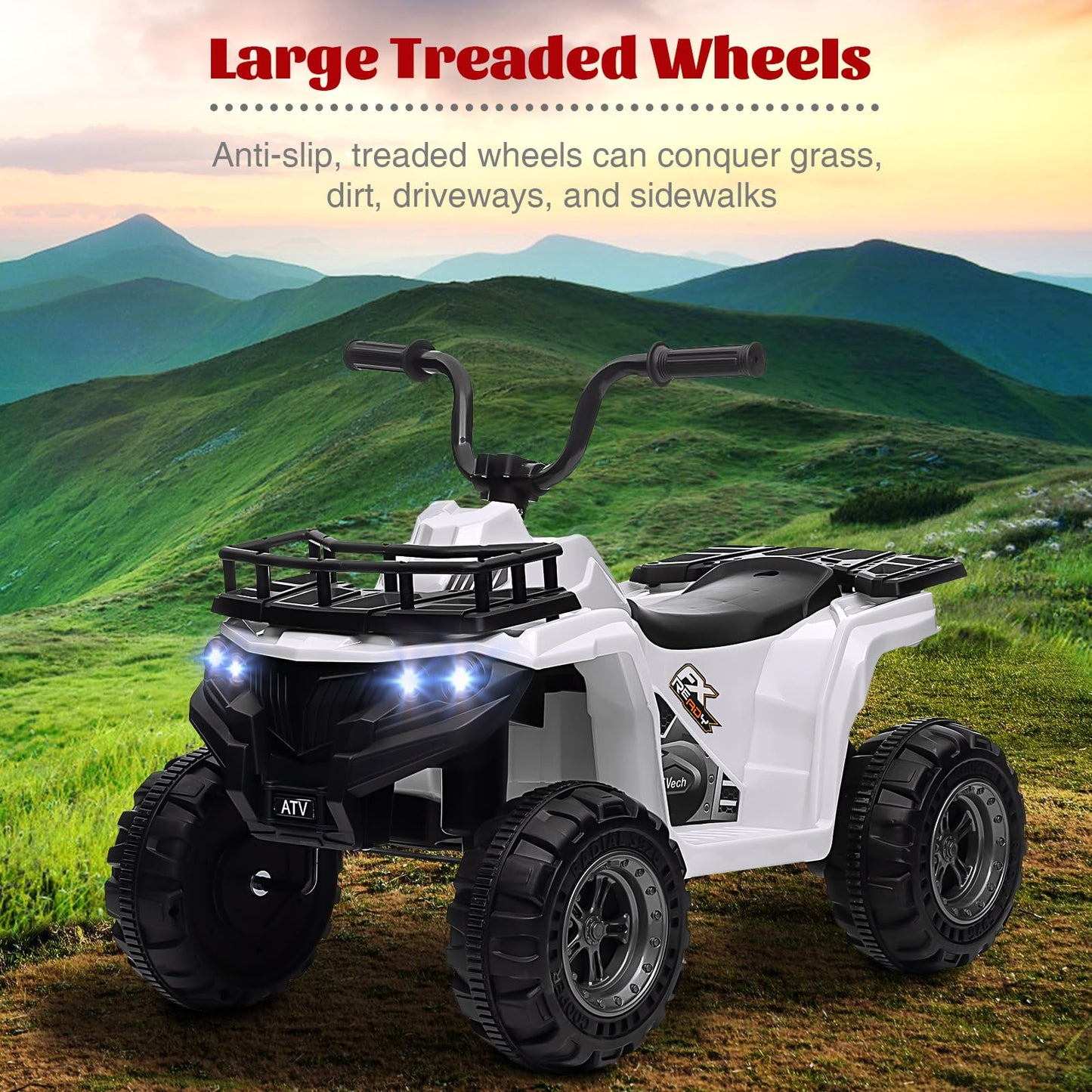 Garvee Ride - P Series: 12V Kids Ride On Electric Quad ATV, Ride Car Toy with Bluetooth Audio,High/Low Speed, LED Headlights, Battery Indicator & Radio Orange - White