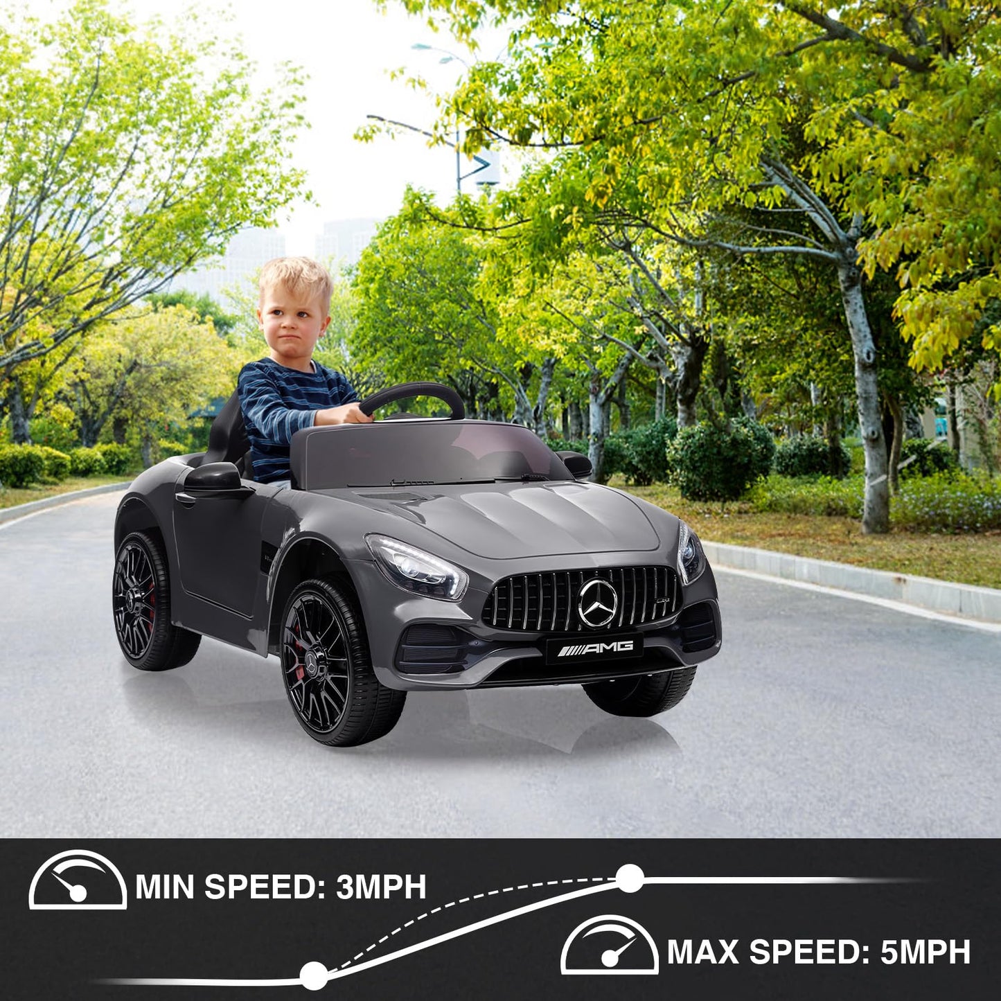 Garvee Ride Car for Kids, 12V Power Battery Electric Vehicles for 3-7 Toddlers, Licensed Mercedes-Benz with Remote Control, MP3 Player - Grey