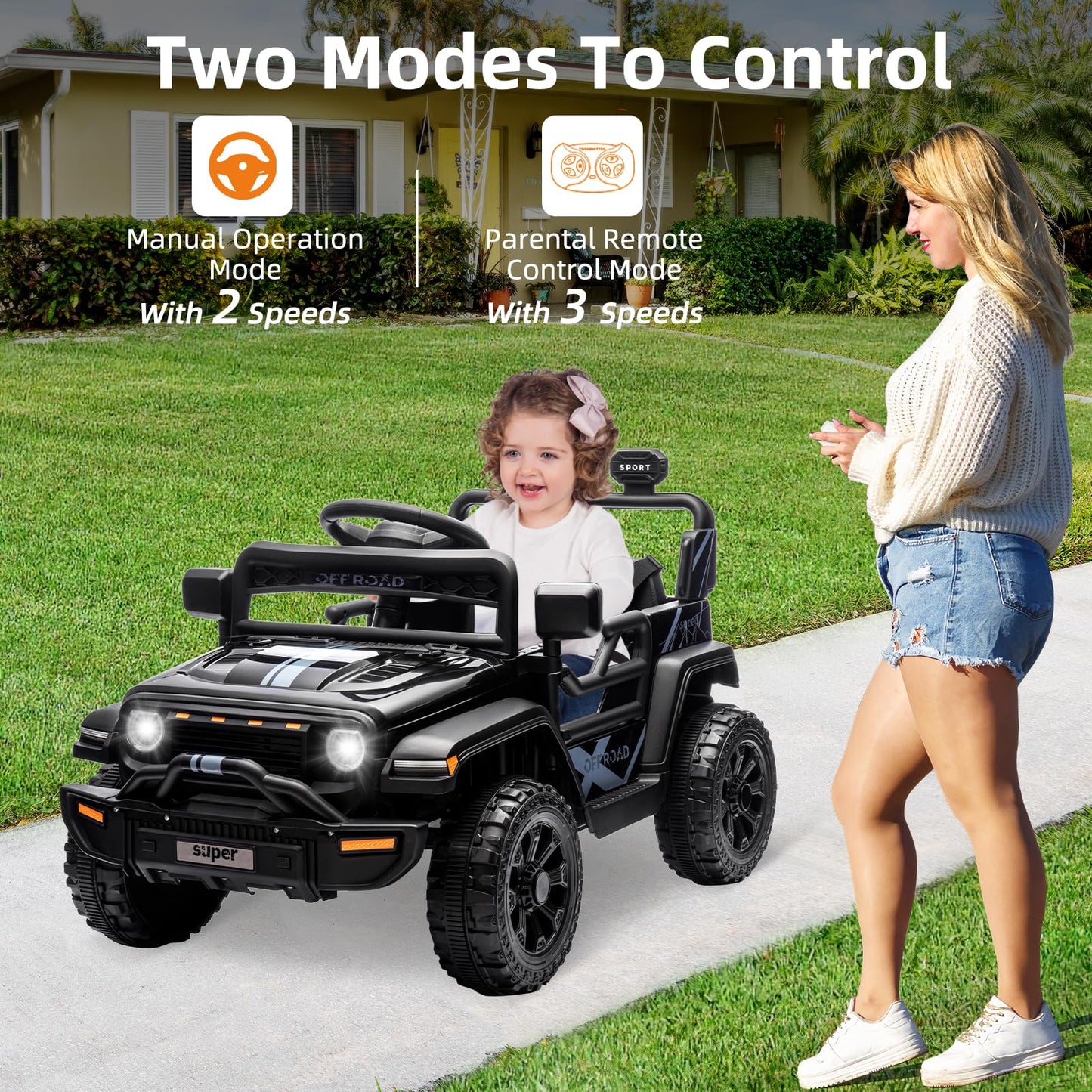 Garvee Ride - P Series: 12V Ride On Toy w/Parent Remote Control, Steering Wheel Music, 4-Wheel Spring Suspension, Led Lights, 2 Speeds, Kids Electric Vehicles for Age 3-5, Black