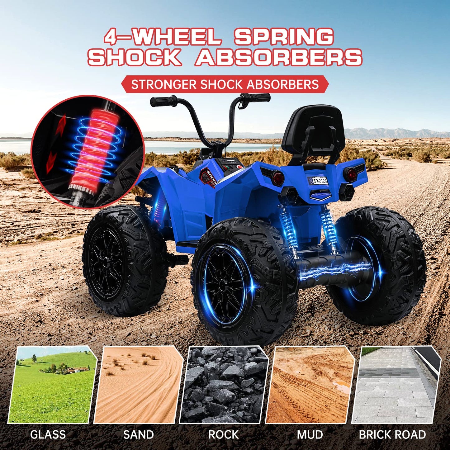 Garvee Ride - P Series: 24V Kids Quad ATV, Ride on Car 4WD Quad Electric Vehicle, 4x80W Powerful Engine, with 7AHx2 Large Battery, Accelerator Handle, EVA Tire, Full Metal Suspension, LED Light, Bluetooth&Music - Blue