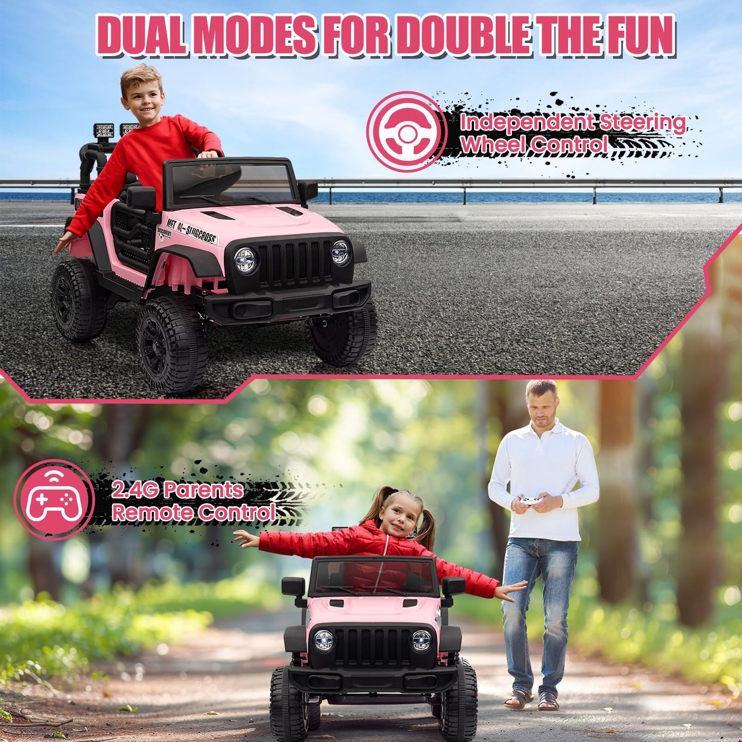 Garvee Ride - P Series: 12V Kids Electric Vehicles with Remote Control, 2 Speeds, Spring Suspension, LED Headlight, Bluetooth, Music, Battery Powered Car for Kids - Pink