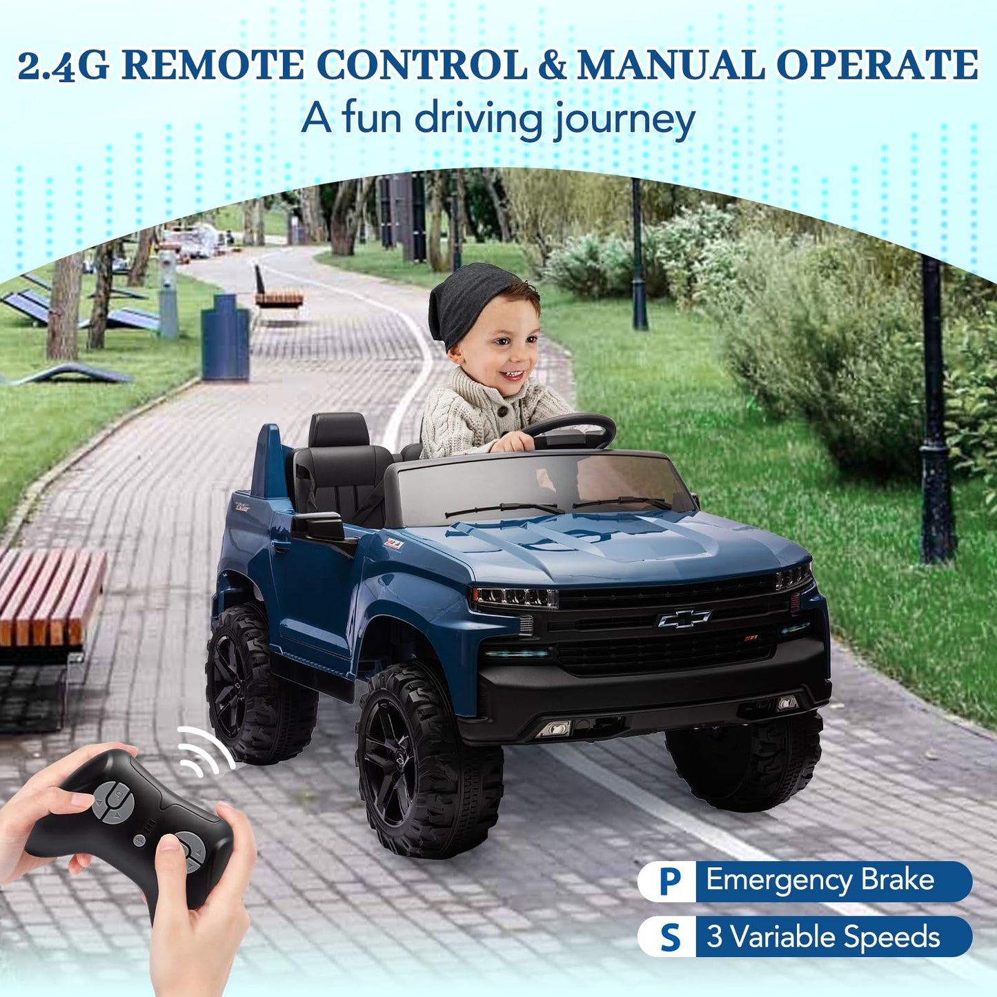Garvee Ride - P Series: 24V 2-Seater Ride On Car For Kids For 3 - 8 years, Licensed Chevrolet Silverado - Blue