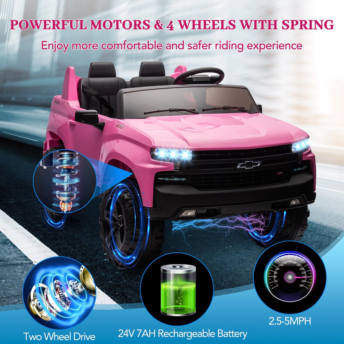 Garvee Ride - P Series: 24V 2-Seater Ride On Car For Kids For 3 - 8 years, Licensed Chevrolet Silverado - Pink
