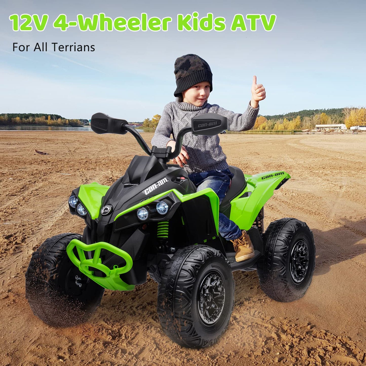Garvee Ride - P Series: 12V Ride on Toy Car Bombardier Licensed BRP Can-am 4 Wheeler Quad Electric Vehicle, w/LED Lights, Spring Suspension, Bluetooth, Music, USB, Treaded Tires, White - Green