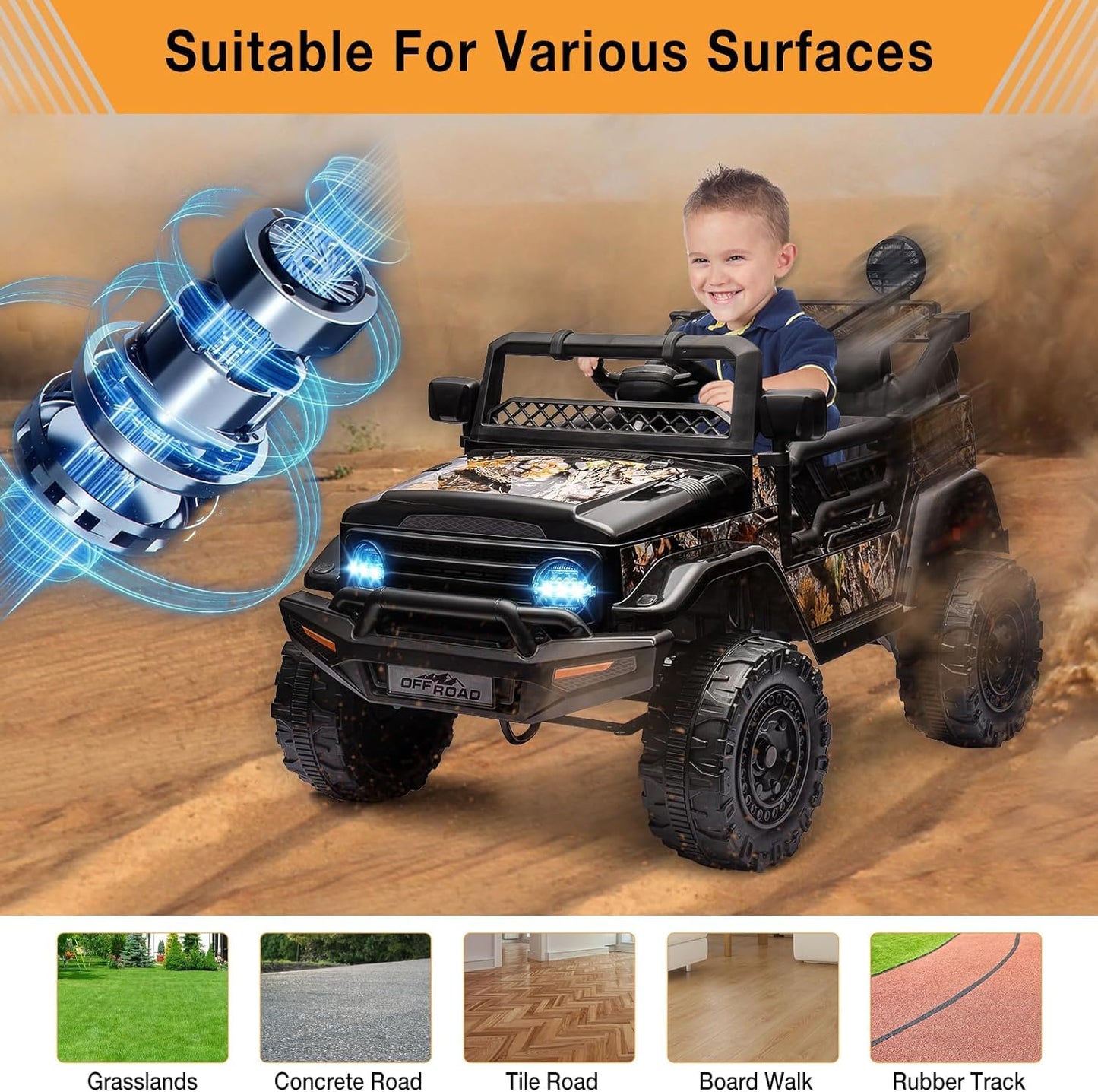 Garvee Ride - P Series: 12V Power Wheel Electric Car for Kids, Ride on Toys with Led Lights Bluetooth, 3 Speeds, Spring Suspension - Black