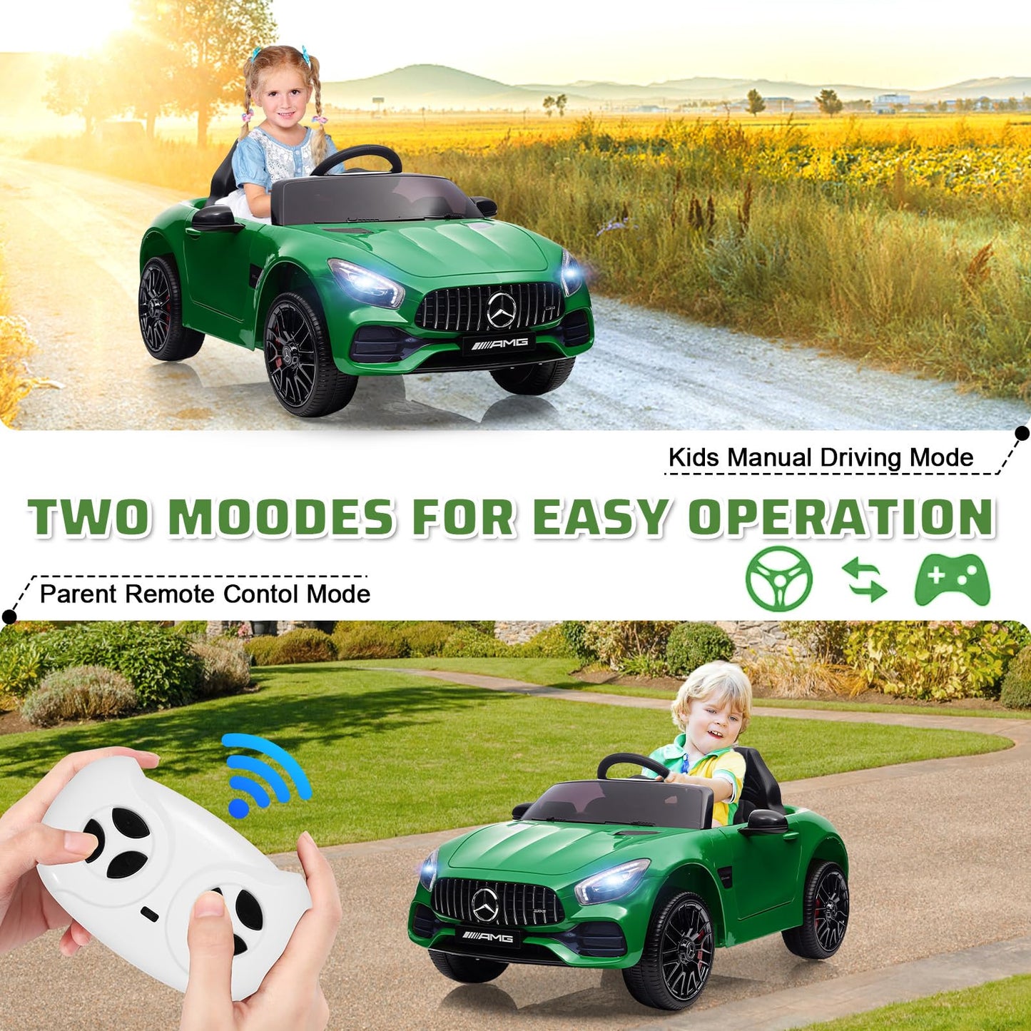 Garvee Ride Car for Kids, 12V Power Battery Electric Vehicles for 3-7 Toddlers, Licensed Mercedes-Benz with Remote Control, MP3 Player - Green