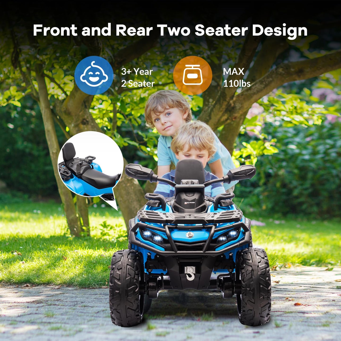Garvee Ride - P Series: 12V Kids Ride On Electric Quad ATV, 2 Leather Seater ATV Car for Kids, 27V Kids Ride On Toys with LED Headlights, Bluetooth & Music, Adjusted Speeds 2-4 MPH, Ride On Toys for Kids 3-8,Blue