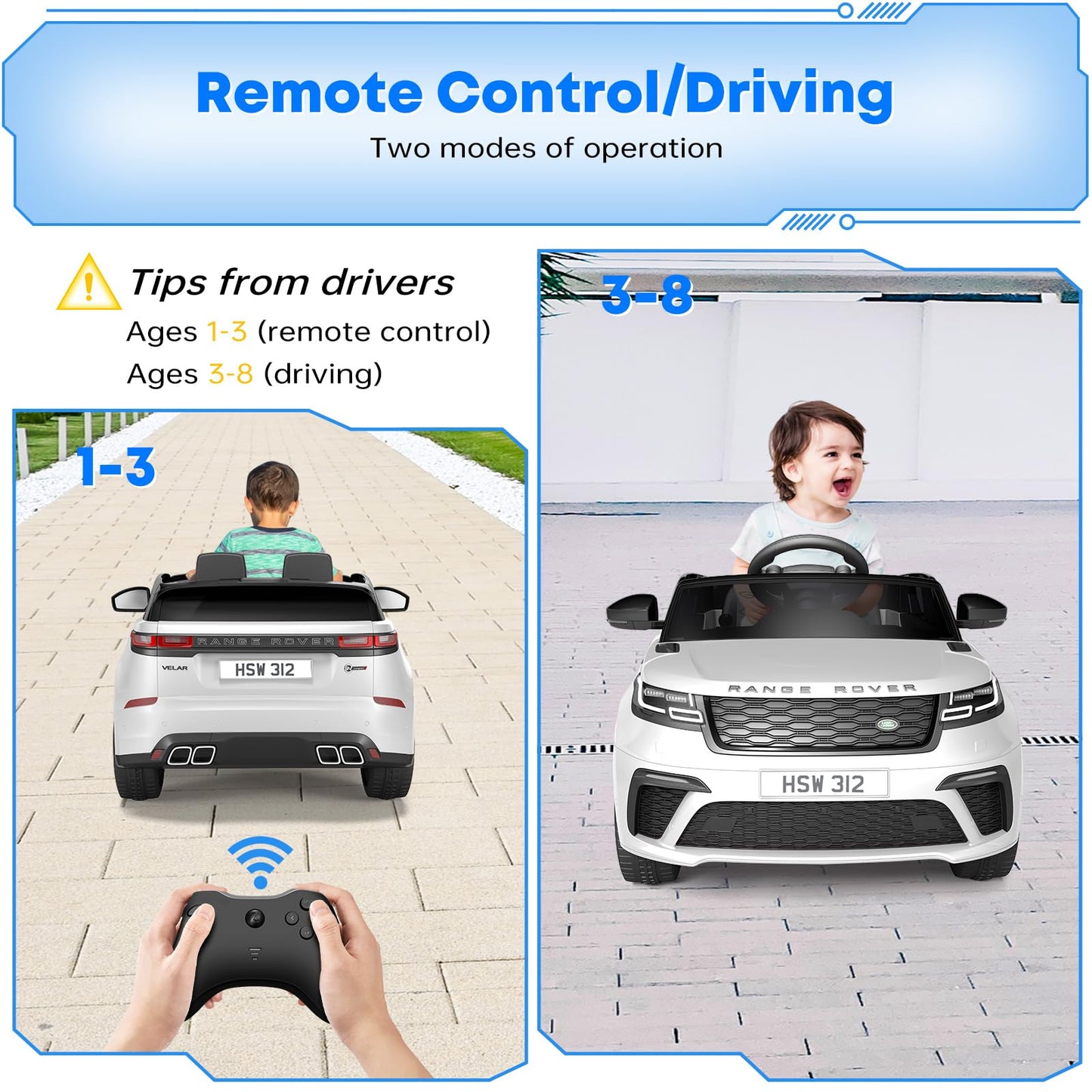 Garvee Ride - P Series: 3-8, 12V Licensed Land Rover Ride Electric Car for Kids with Parent Remote Control, MP3 Player, Rocking, Pull Rod - White