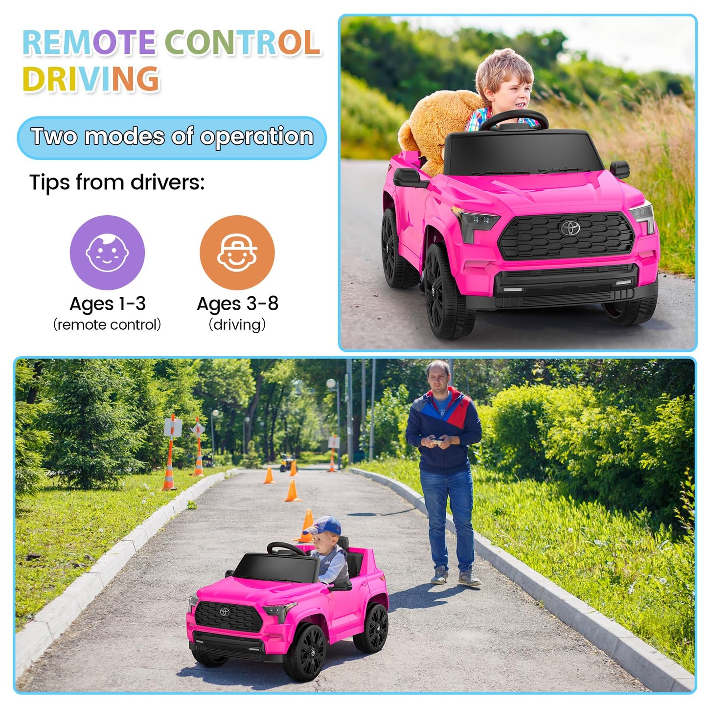 Garvee Ride on Truck Car, 12V Licensed Toyota Electric Cars for Kids, Ride on Toys with Remote Control, Spring Suspension, LED Lights, Bluetooth, 3 Speeds - Rose