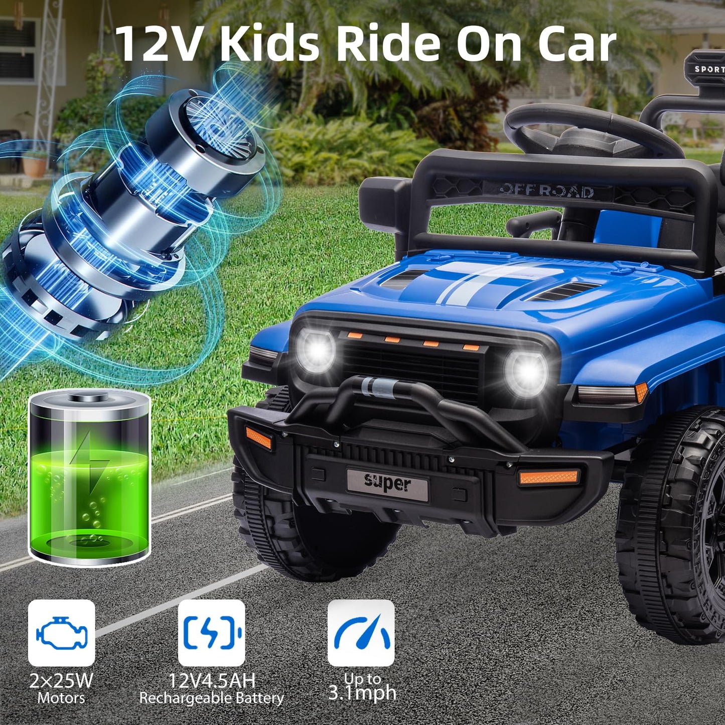 Garvee Ride - P Series: 12V Ride On Toy w/Parent Remote Control, Steering Wheel Music, 4-Wheel Spring Suspension, Led Lights, 2 Speeds, Kids Electric Vehicles for Age 3-5, Blue