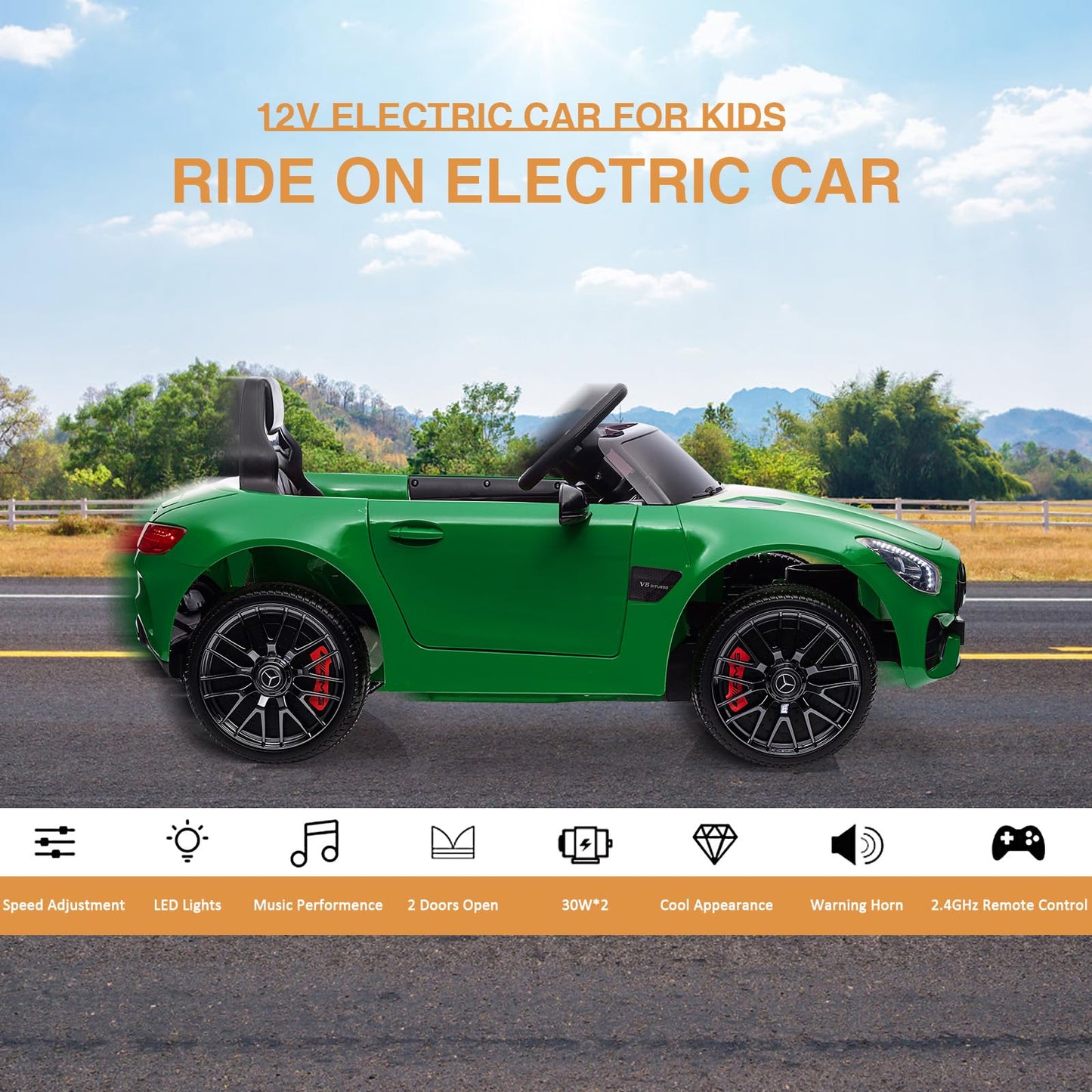 Garvee Ride Car for Kids, 12V Power Battery Electric Vehicles for 3-7 Toddlers, Licensed Mercedes-Benz with Remote Control, MP3 Player - Green