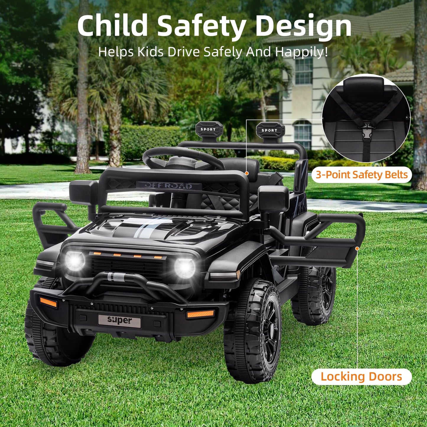 Garvee Ride - P Series: 12V Ride On Toy w/Parent Remote Control, Steering Wheel Music, 4-Wheel Spring Suspension, Led Lights, 2 Speeds, Kids Electric Vehicles for Age 3-5, Black