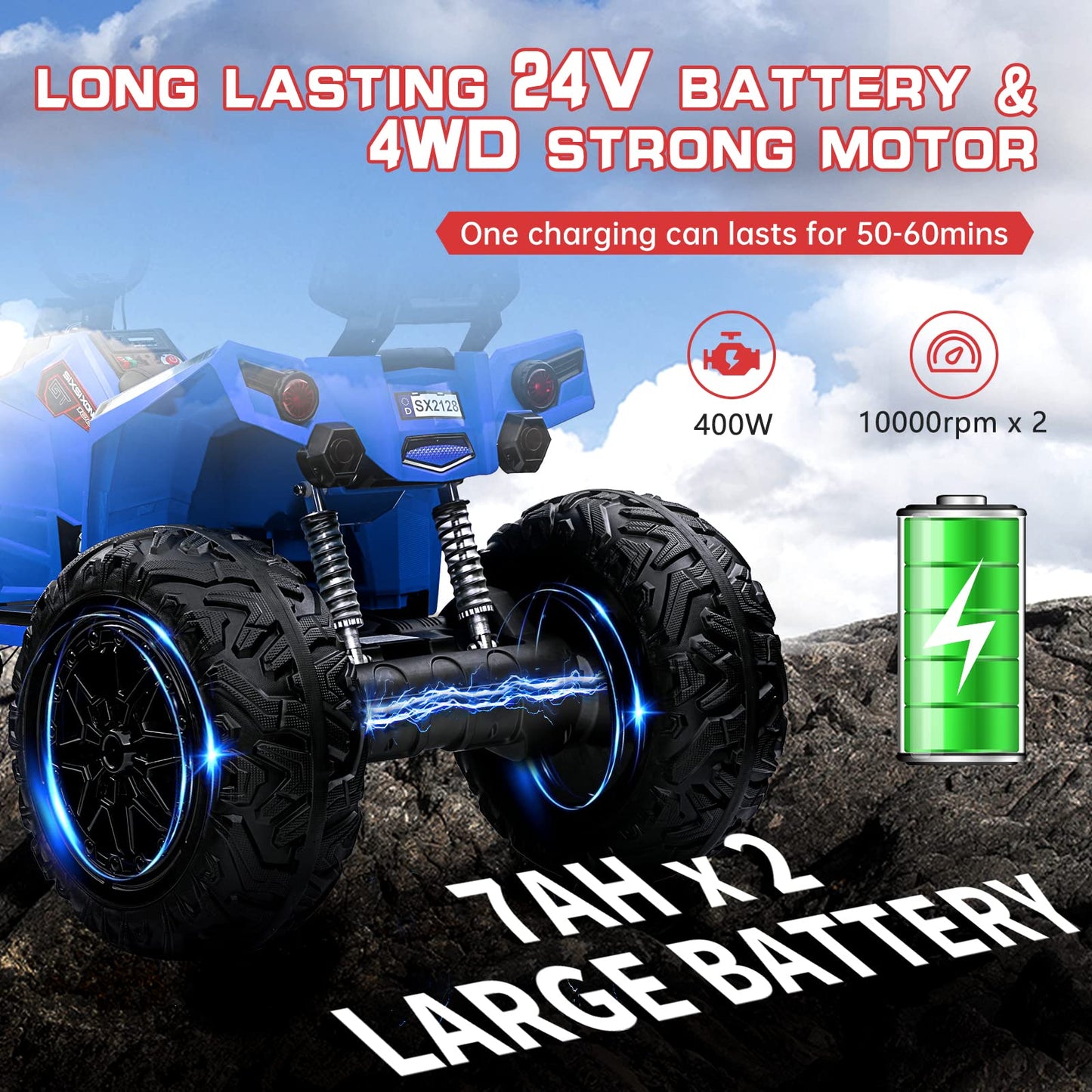 Garvee Ride - P Series: 24V Kids Quad ATV, Ride on Car 4WD Quad Electric Vehicle, 4x80W Powerful Engine, with 7AHx2 Large Battery, Accelerator Handle, EVA Tire, Full Metal Suspension, LED Light, Bluetooth&Music - Blue