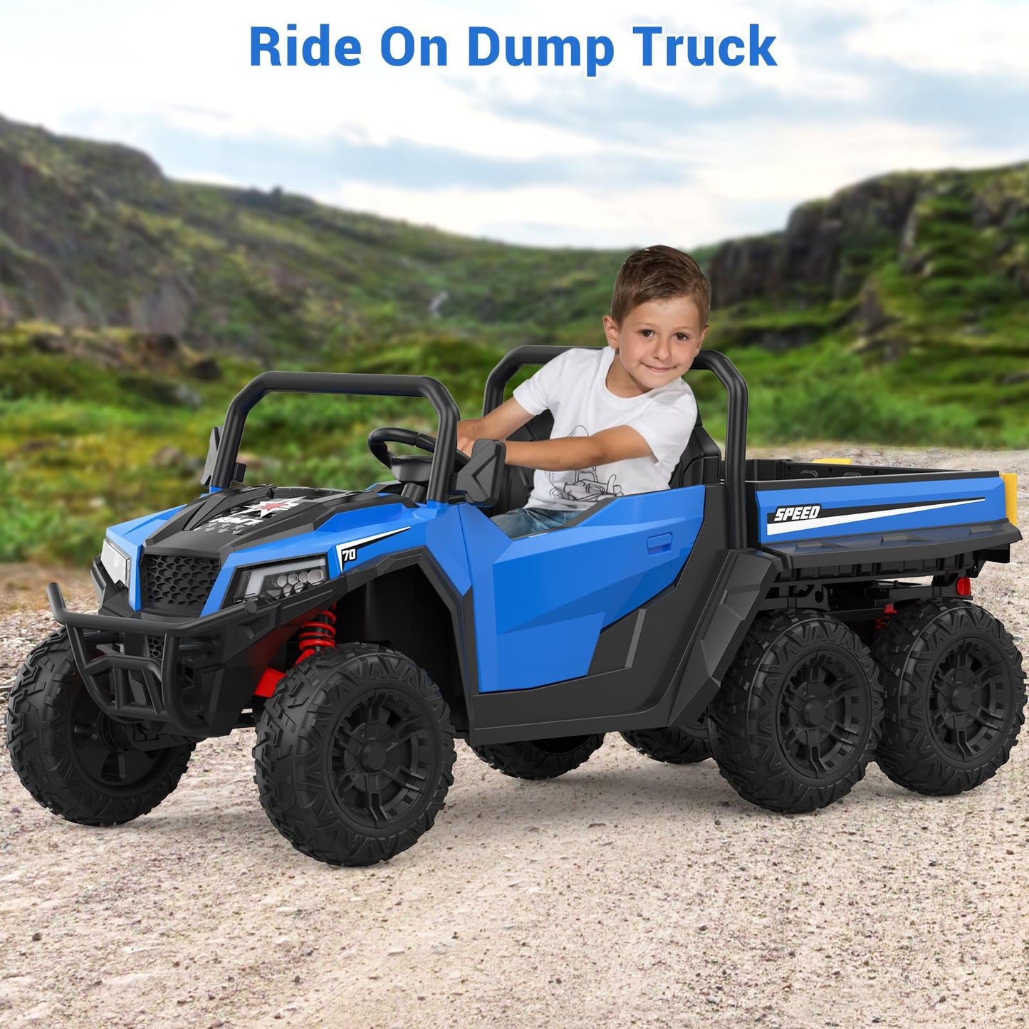 Garvee Ride - P Series: 24V 4WD Electric Ride On Dump Truck with Remote Control, 2-Seater, Music Player, LED Lights, Key Start Safety System, Durable Plastic, Off-Road Kids Toy for Ages 3+ - Blue