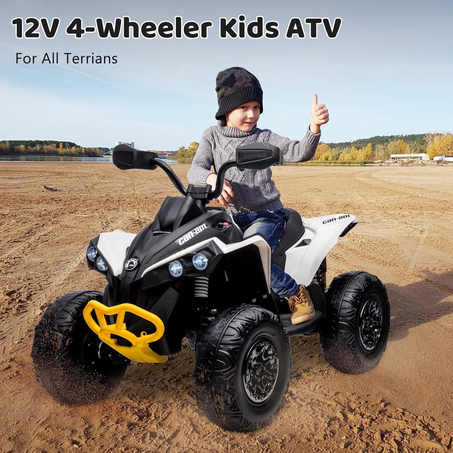 Garvee Ride - P Series: 12V Kids ATV: Can-Am Licensed, Dual Control, LED, Bluetooth, 5MPH, White