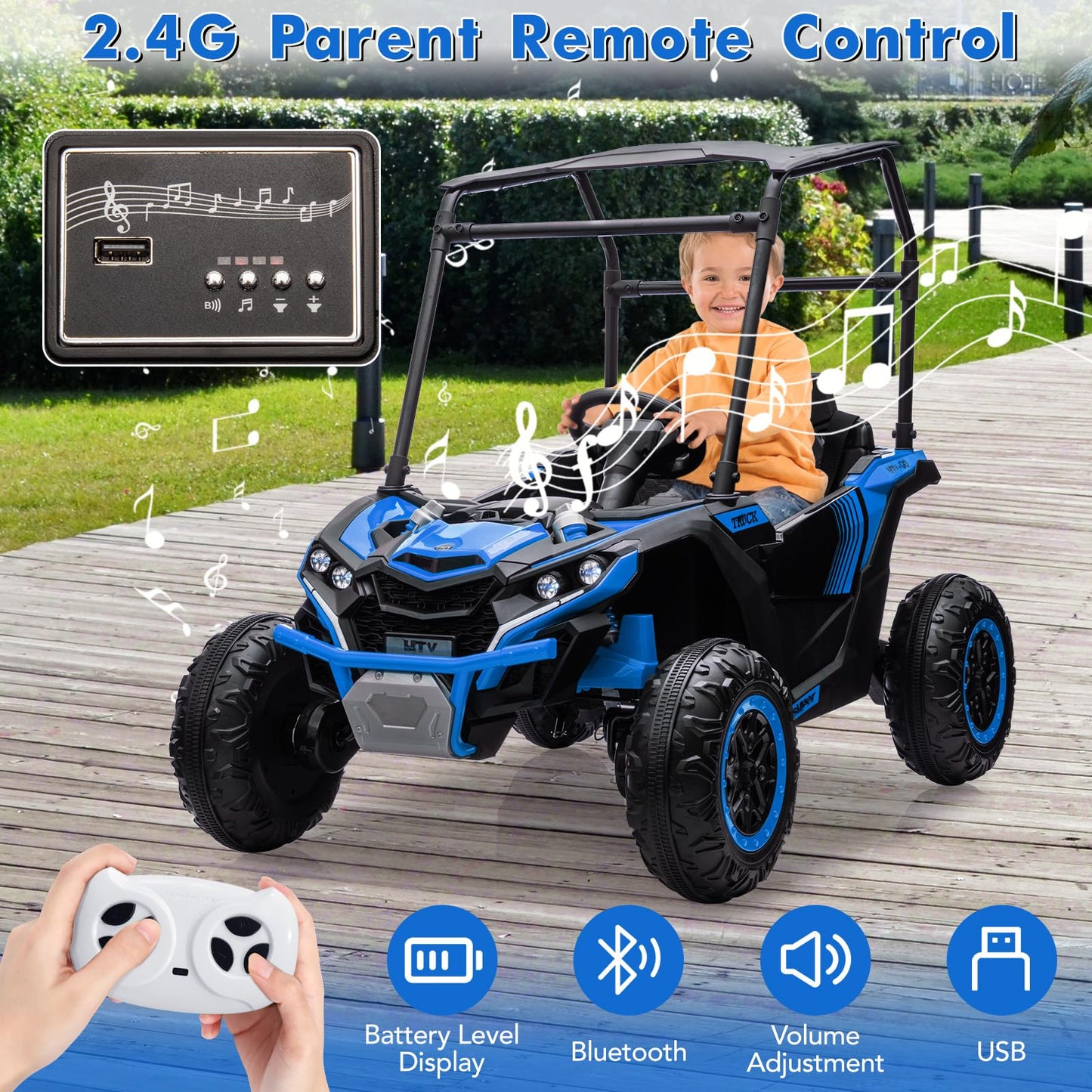 Garvee Ride - P Series: 24V Ride On Utv for Kids, 2 Seater Electric Truck With Sun Shade,4WD Electric Car Toy With Remote Control, Led Lights, 4 Shock Absorbersm,One Click Start, Music Player - Blue