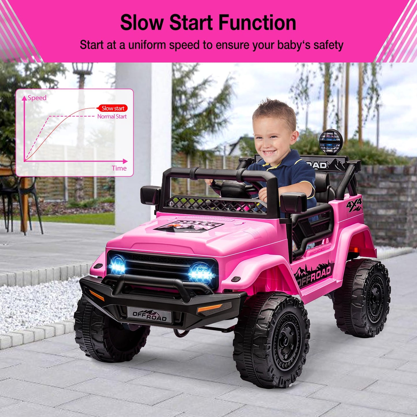Garvee Ride - P Series: 12V Power Wheel Electric Car for Kids, Ride on Toys with Led Lights Bluetooth, 3 Speeds, Spring Suspension - Pink