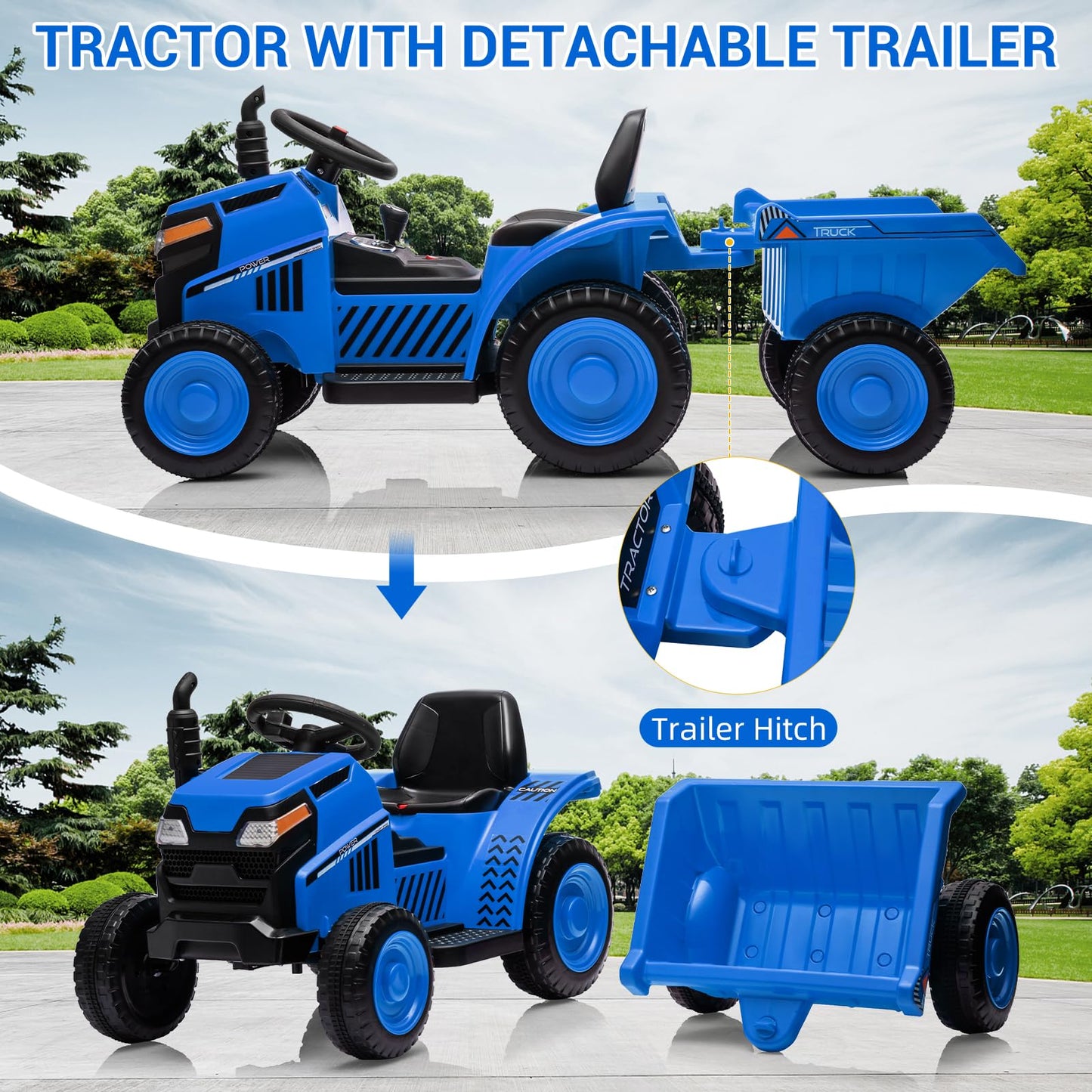 Garvee Ride - P Series: Kids Ride on Tractor with Trailer, Kids’ Electric Vehicles with Wear-Resistant Wheels, LED Headlights, Music & USB Port, Kids Ride on Car Toys for Toddlers Kids, Blue