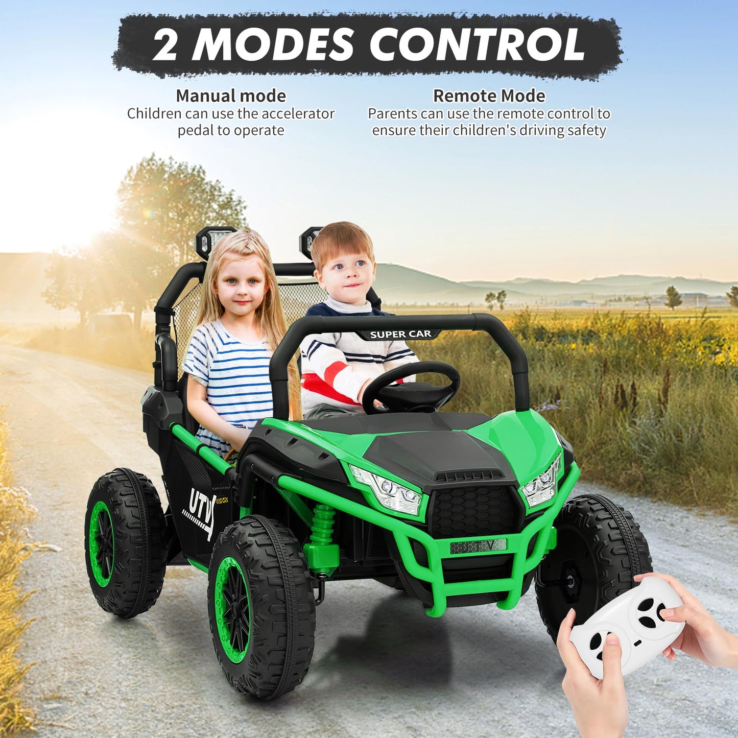 Garvee Ride - P Series: 24V 2 Seater Ride On Car, XXXL Off-Road Utv for Kids w/Metal Frame, 20 Inch Wide Seat, 400W Electric Vehicle Toy Car w/Pop Music, 3 Speeds for Boys and Girls,Green