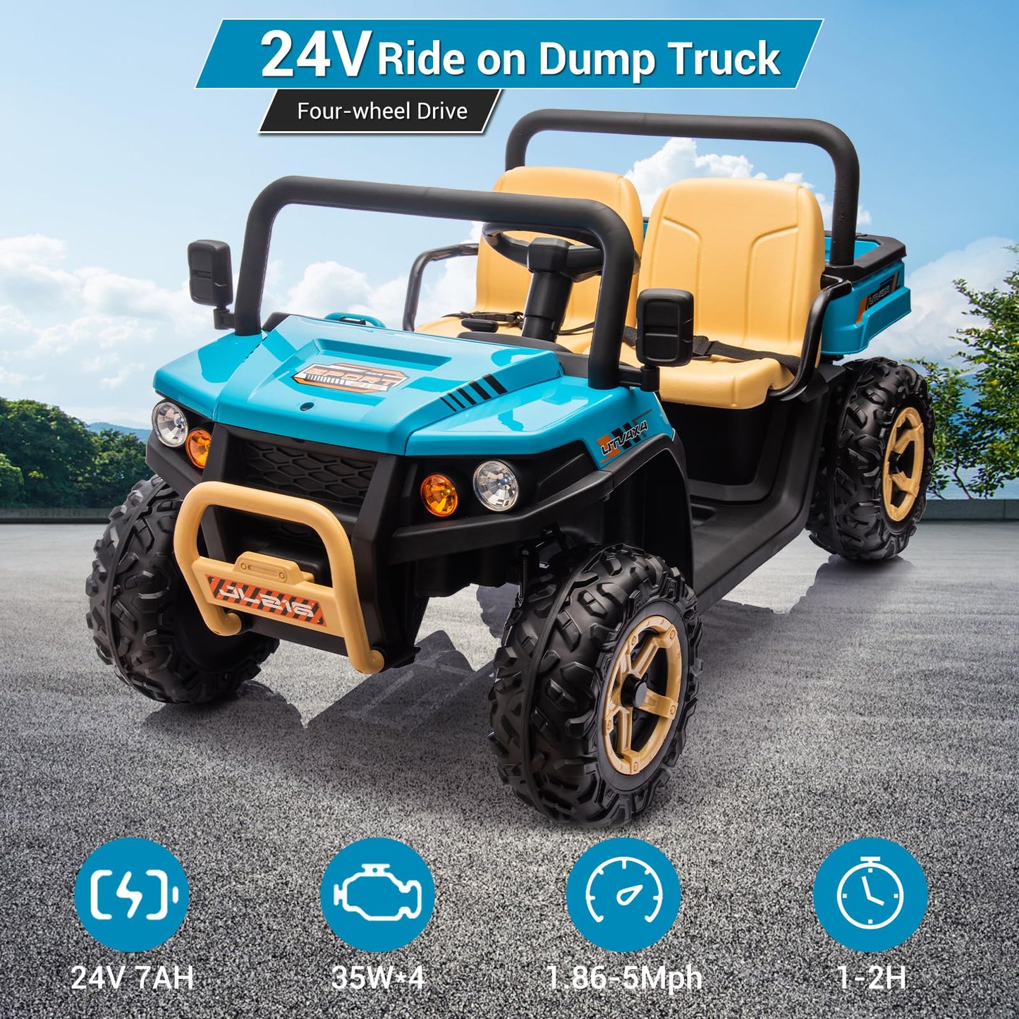 Garvee Ride - P Series: 24v Ride On Dump Truck, 2 Seater Electric Ride On Car Toy for Kids, Battery Powered UTV with 4x35W Motors, Shovel, Bluetooth, Remote Control, Music, LED Lights for Boys & Girls - Blue