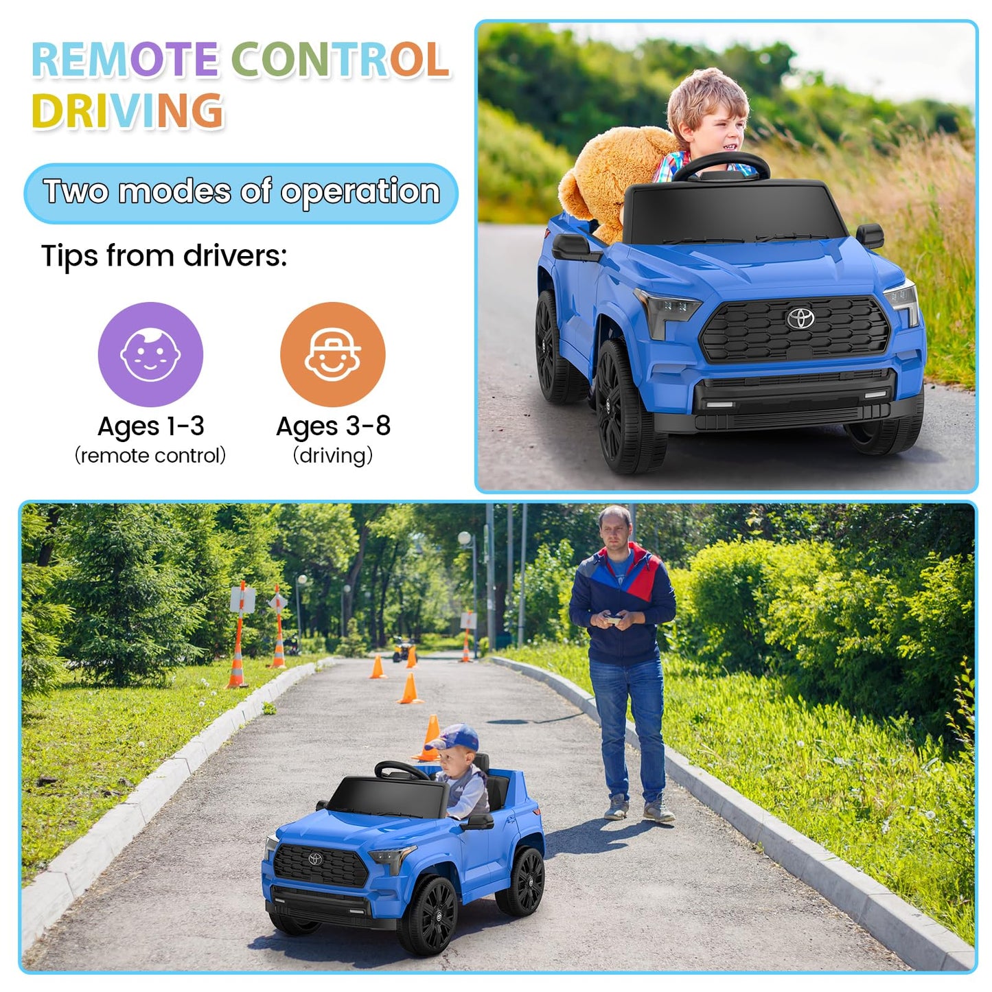 Garvee Ride on Truck Car, 12V Licensed Toyota Electric Cars for Kids, Ride on Toys with Remote Control, Spring Suspension, LED Lights, Bluetooth, 3 Speeds - Blue