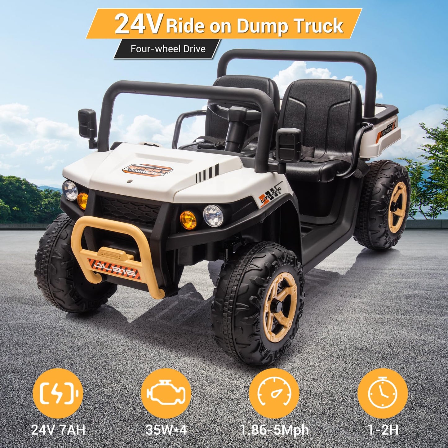 Garvee Ride - P Series: 24v Ride On Dump Truck, 2 Seater Electric Ride On Car Toy for Kids, Battery Powered UTV with 4x35W Motors, Shovel, Bluetooth, Remote Control, Music, LED Lights for Boys & Girls - White