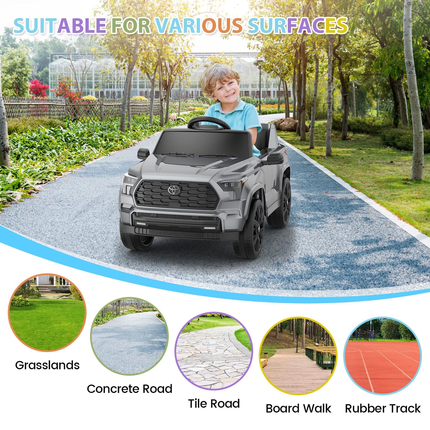 Garvee Ride on Truck Car, 12V Licensed Toyota Electric Cars for Kids, Ride on Toys with Remote Control, Spring Suspension, LED Lights, Bluetooth, 3 Speeds - Grey