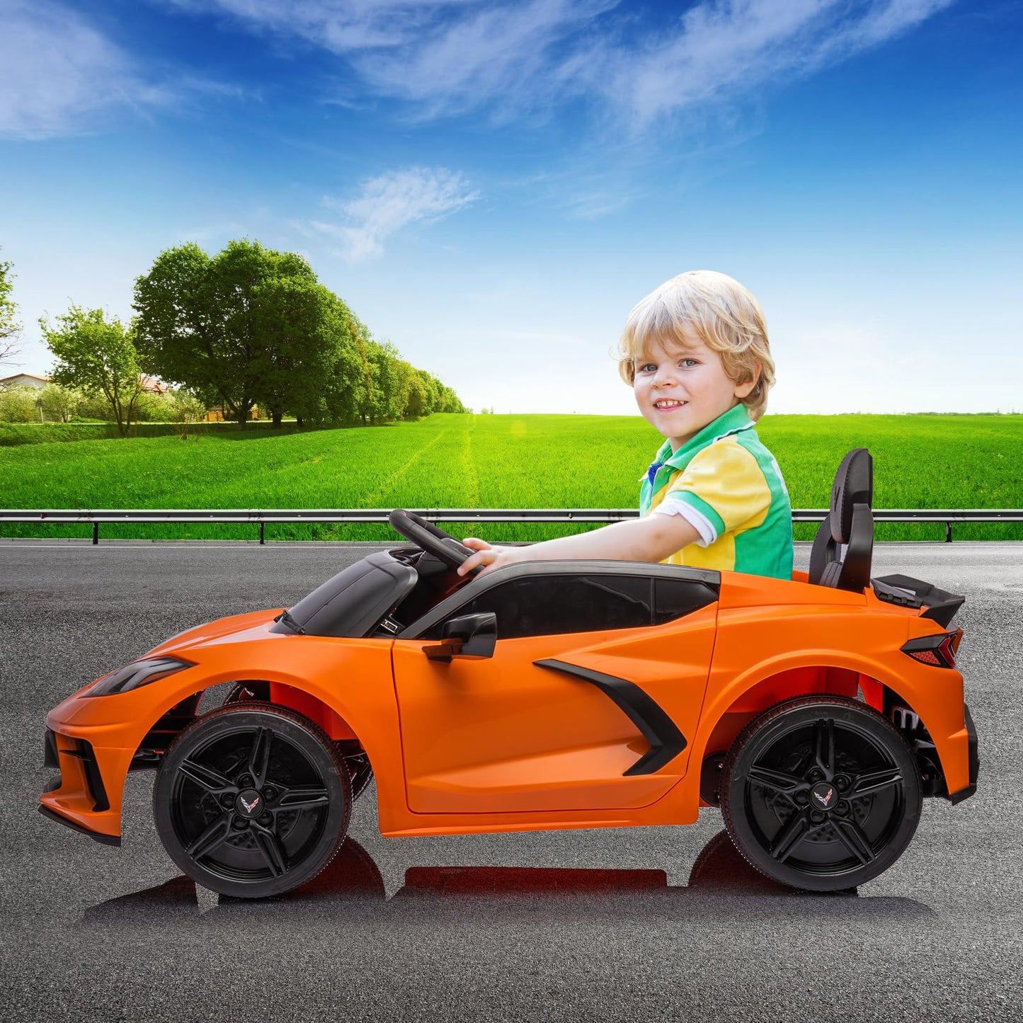 Garvee Ride - P Series: 12V Kids Ride on Car Licensed Corvette Battery Powered Car Toddles Electric Sports Car Toy with Remote Control, Visual Dashboard, LED Lights, Music, Gifts for Boys Girls, Orange