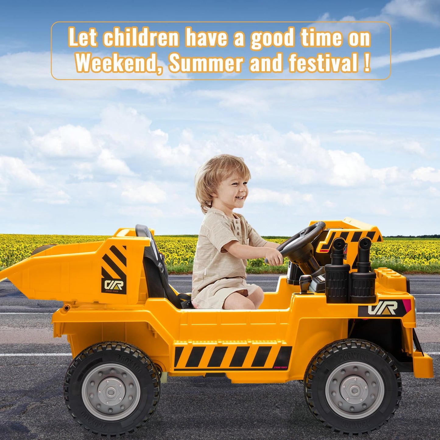Garvee Ride - P Series: 12V with Electric Dump Bed, Remote Control, MP3, USB, Music Player, Yellow, Safe All-Terrain Tires