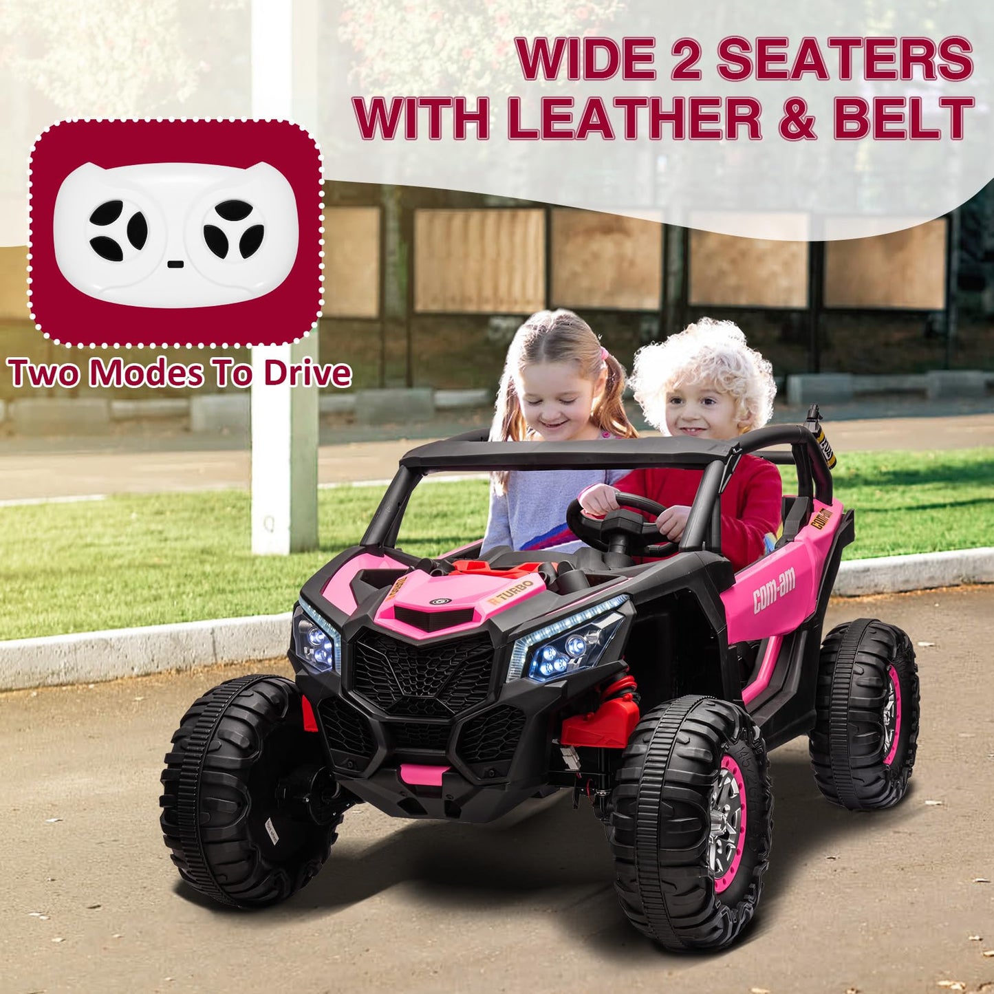 Garvee Ride - P Series: 24V 2 Seater Kids Ride on UTV Car For age 3+, w/Remote Control, 4WD Powerful Electric Vehicle with 4x75W Motors, 4 Shock Absorber, Leather Seat, Music and Light - Pink