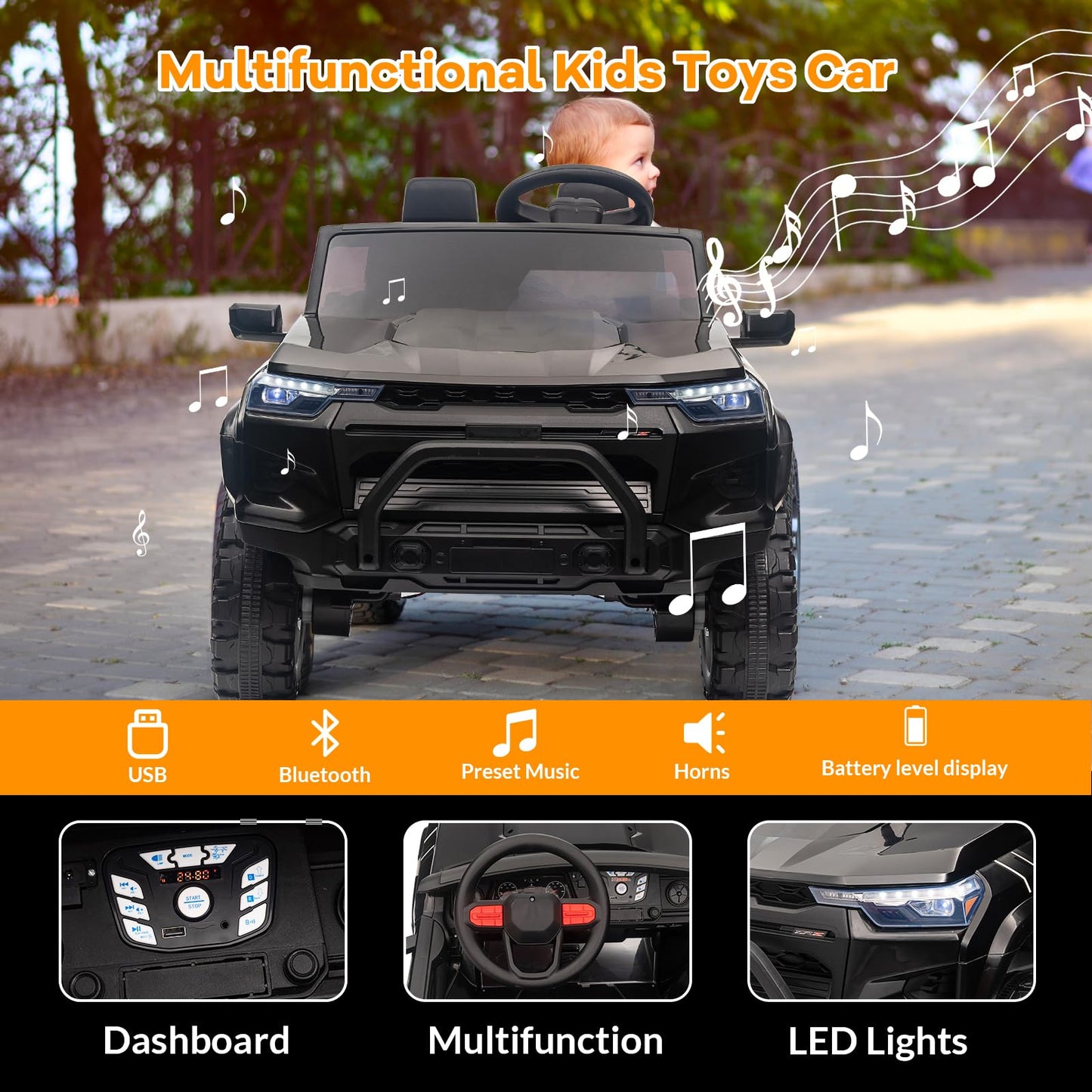 Garvee Ride - P Series: 2 Seater Truck Car Toys, Ride on Car Electric Vehicles w/Remote Control, 24V Battery, Dual Drive, LED Lights, Bluetooth, MP3, Battery Powered Electric Cars for Kids, Black