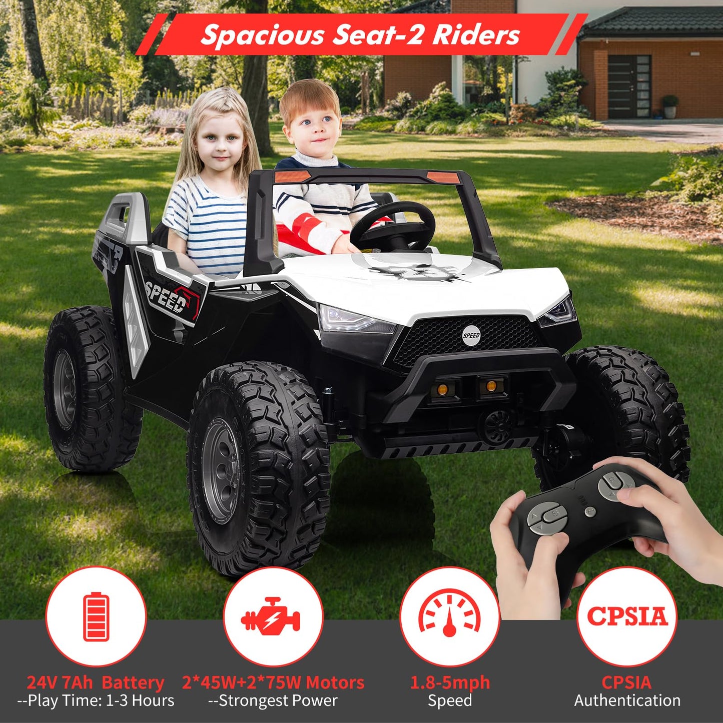 Garvee Ride - P Series: 24V 2-Seater Ride-On UTV: Remote Control, 4WD Motors, 21" Seats + Foldable Seat, 15.4" EVA Wheels, Music, LED Lights, 140lb Max Load - White