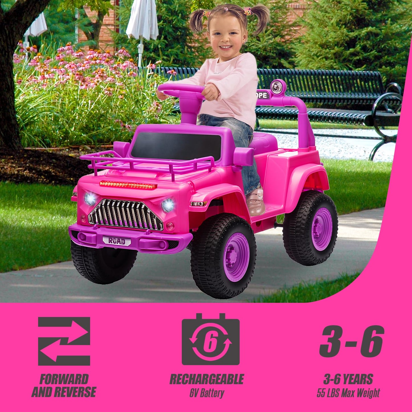 Garvee Ride - P Series: 6V Ride On Car for Toddlers - Battery Powered Electric Car with Music, LED Light, FM, Horn, Rear Storage, 4 Wheels - Pink