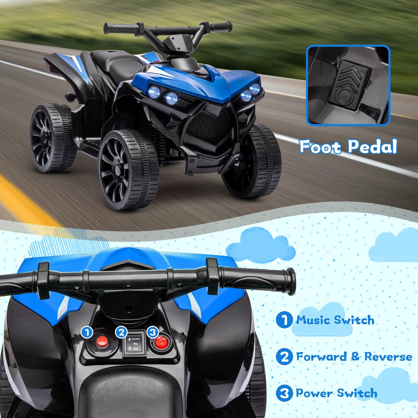 Garvee Ride - P Series: 6V Quad ATV for Kids Toddler 3+ years, Max 55lb Capacity, With LED, Music, Foot Pedal, Wear-Resistant Wheels, 1.9 MPH - Blue