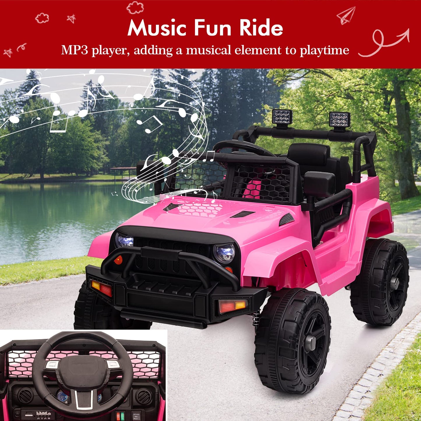 Garvee Ride - P Series: 12V Ride On Truck Car for kid : Remote Control, 3 Speeds, MP3 Music, Suspension, LED Lights,for 3+ Year Old - Pink