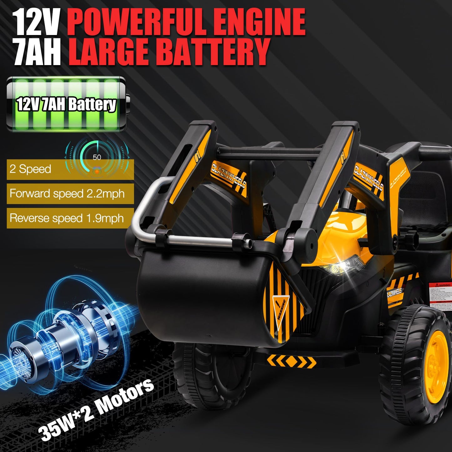 Garvee Ride - P Series: 12V 3 in 1 Ride on Excavator & Tractor with Detachable Trailer, Ride on Car Toy with Remote Control, Digger, LED Lights, Music, Kids Electric Vehicles for Boys Girls, Yellow