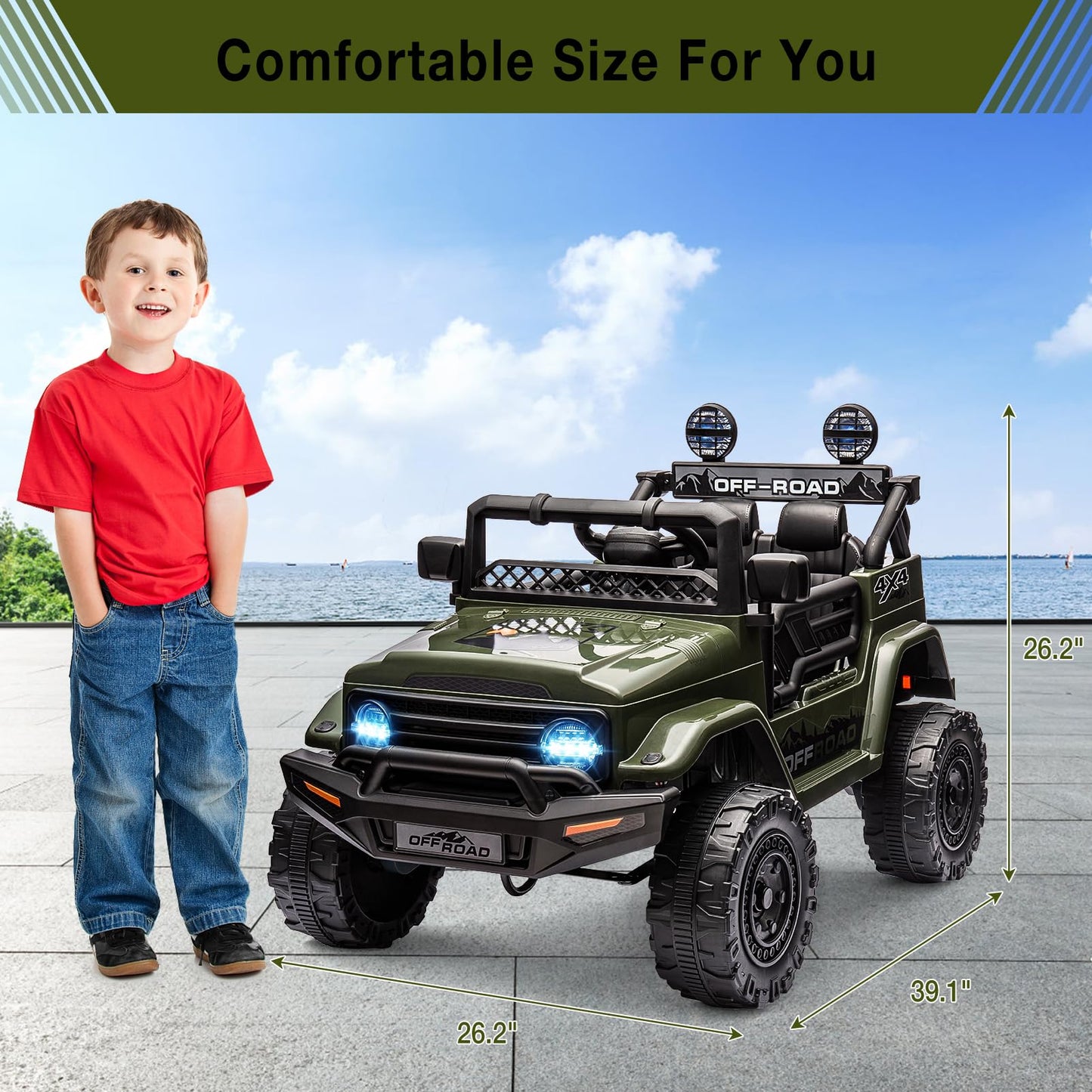 Garvee Ride - P Series: 12V Power Wheel Electric Car for Kids, Ride on Toys with Led Lights Bluetooth, 3 Speeds, Spring Suspension - Dark Green