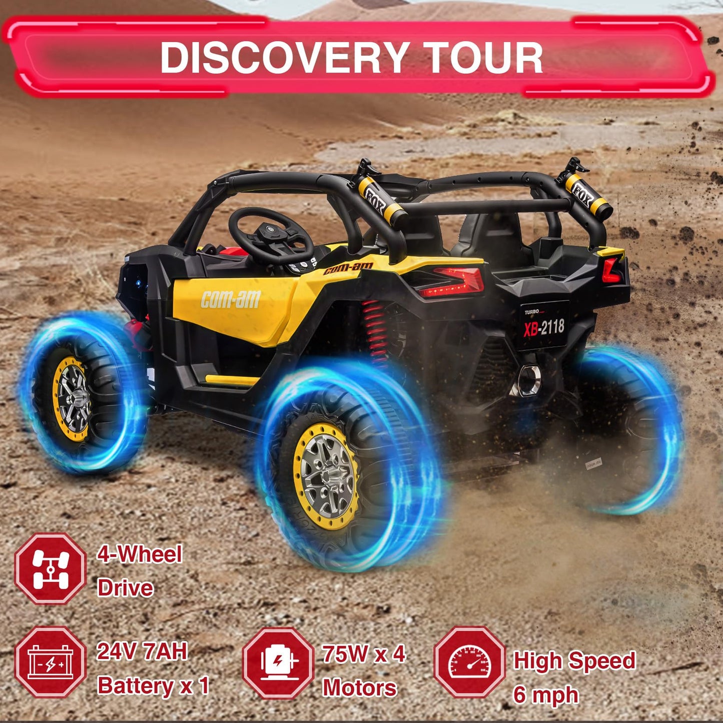 Garvee Ride - P Series: 24V 2 Seater Kids Ride on UTV Car For age 3+, w/Remote Control, 4WD Powerful Electric Vehicle with 4x75W Motors, 4 Shock Absorber, Leather Seat, Music and Light - Yellow