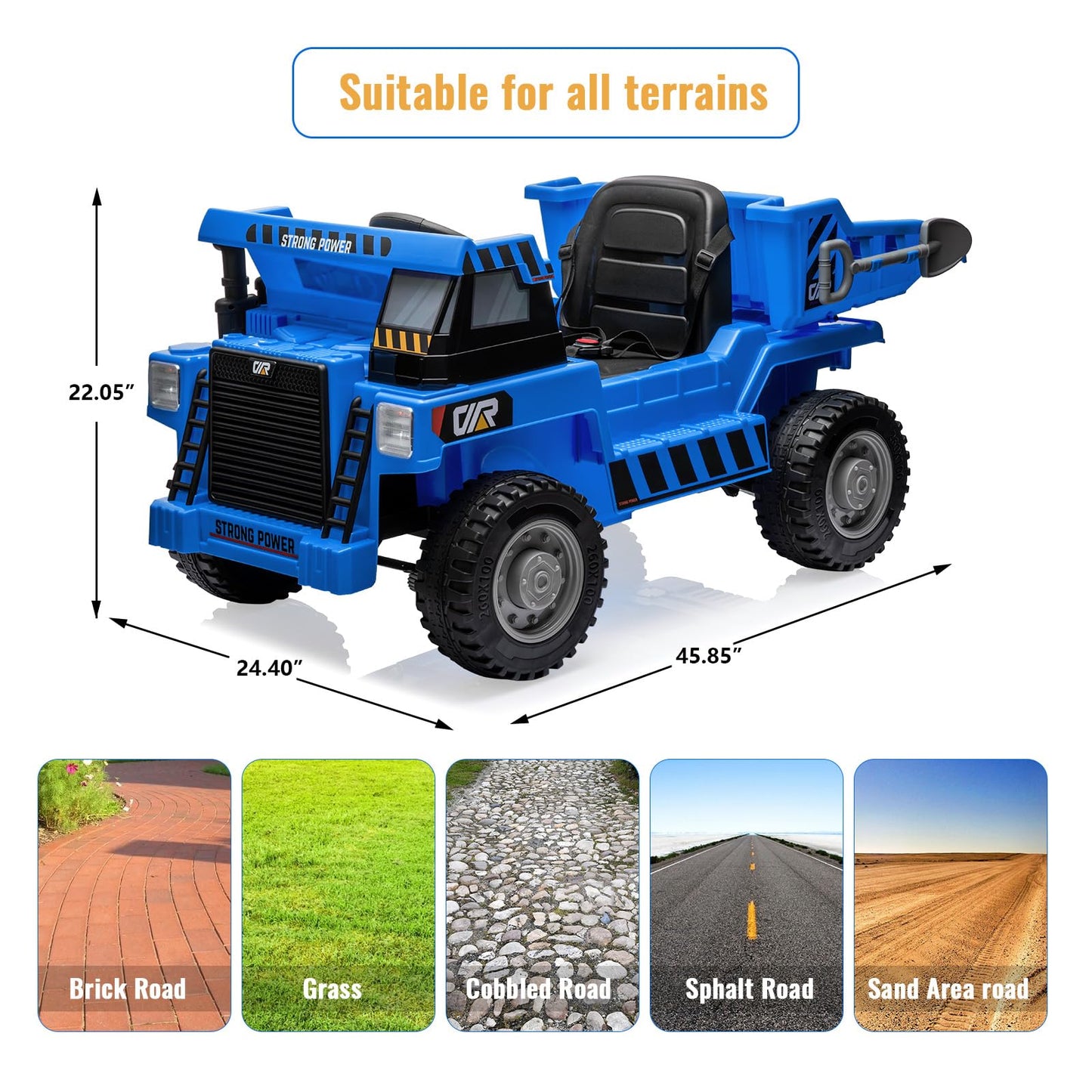 Garvee Ride - P Series: 12V Kids Ride on Dump Truck with Electric Bed, Remote Control, USB, MP3, Music, Battery Indicator, Blue