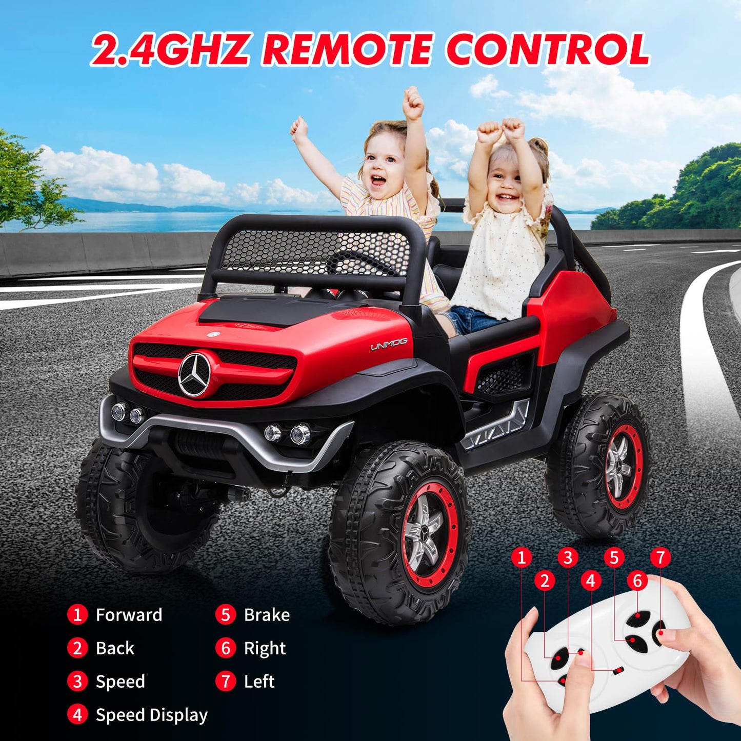 Garvee Ride - P Series: 2 Seater Kids Ride On Truck 24V Ride On Toy Licensed Mercedes Benz Battery Powered Electric Vehicle for Toddles with Remote Control, Battery Display, Trunk, Spring Suspension, LED Lights, Music, Red