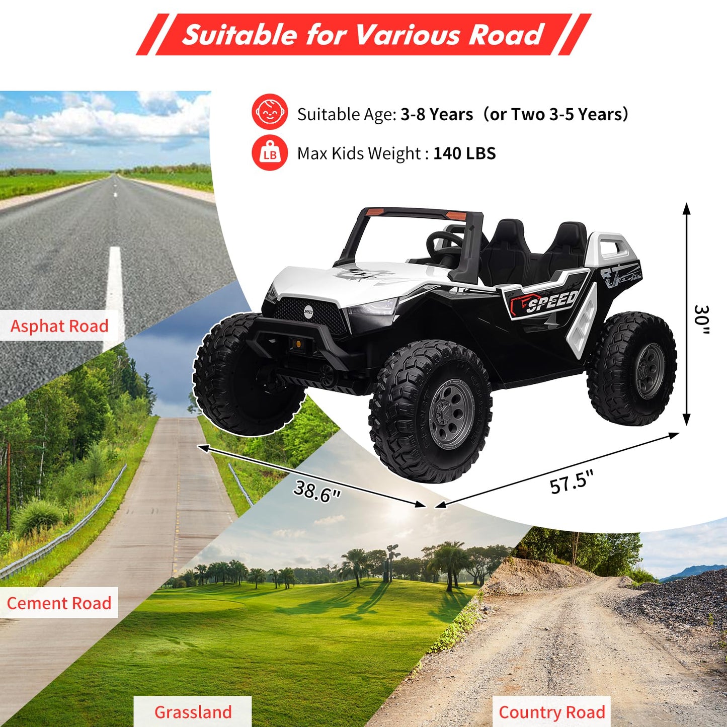 Garvee Ride - P Series: 24V 2-Seater Ride-On UTV: Remote Control, 4WD Motors, 21" Seats + Foldable Seat, 15.4" EVA Wheels, Music, LED Lights, 140lb Max Load - White